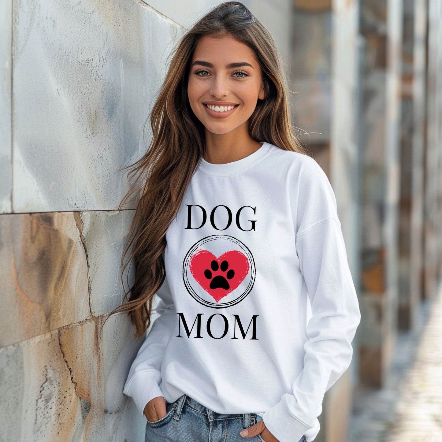 Dog Mom Paw Print Heart T-Shirt, Pet Lover Tee, Animal Parent Shirt, Puppy Owner Top, Cute Doggie Theme Clothing Long Sleeve Tee