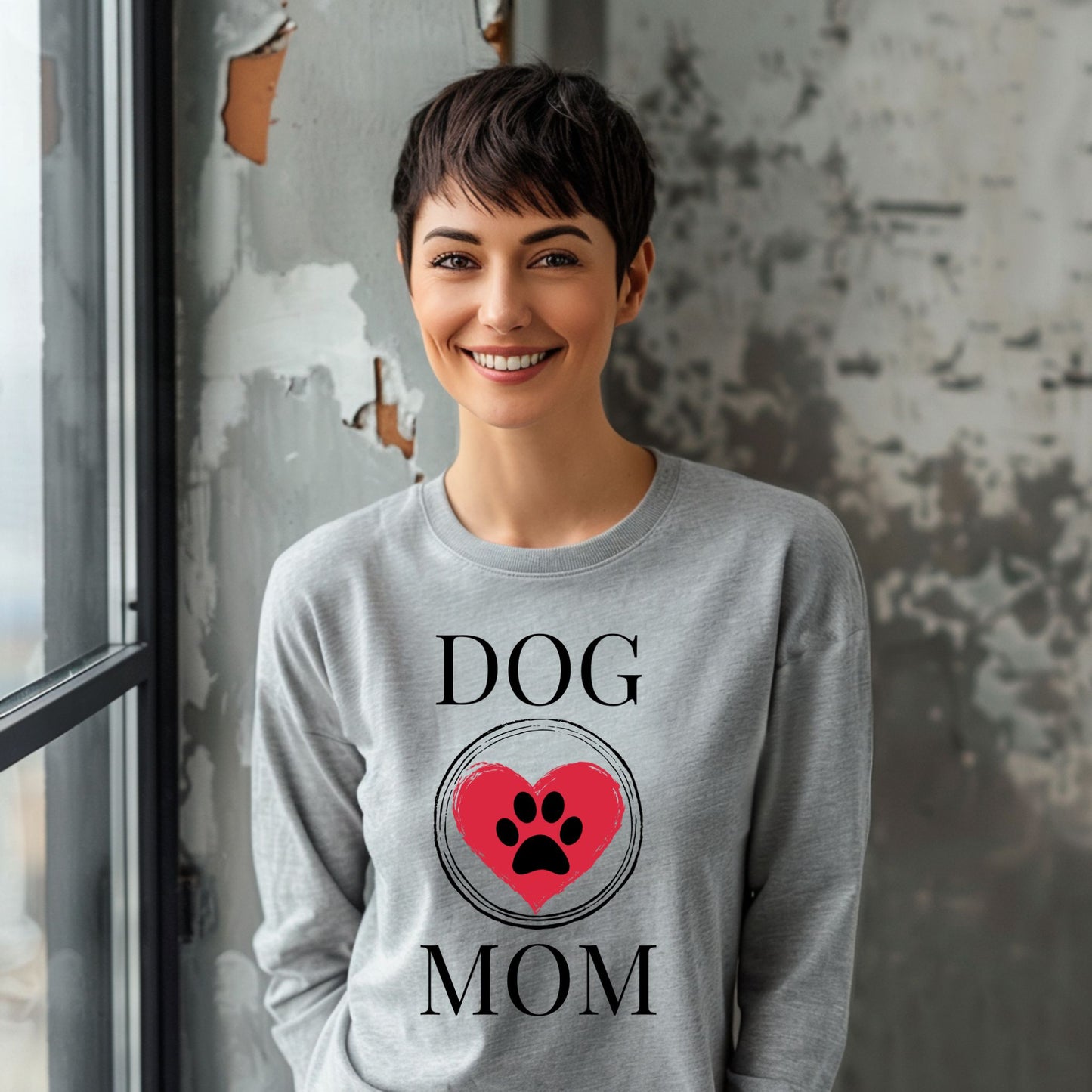 Dog Mom Paw Print Heart T-Shirt, Pet Lover Tee, Animal Parent Shirt, Puppy Owner Top, Cute Doggie Theme Clothing Long Sleeve Tee