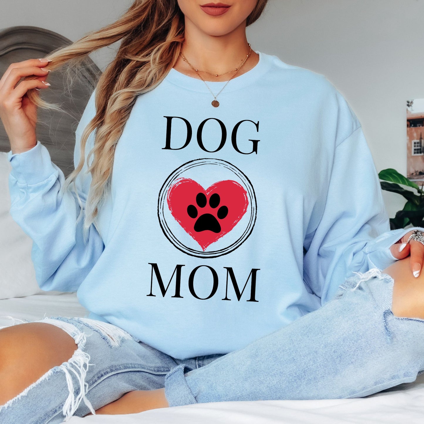 Dog Mom Paw Print Heart T-Shirt, Pet Lover Tee, Animal Parent Shirt, Puppy Owner Top, Cute Doggie Theme Clothing Long Sleeve Tee