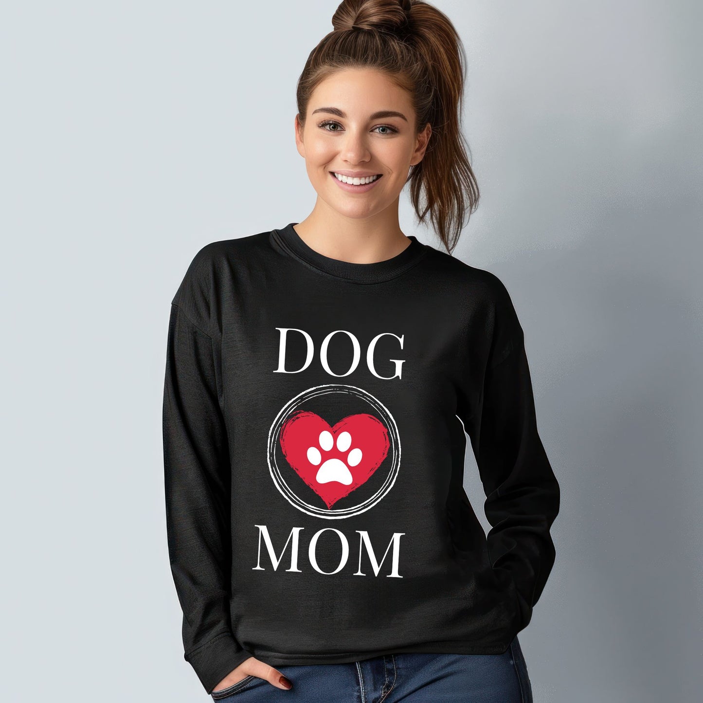 Dog Mom Paw Print Heart T-Shirt, Pet Lover Tee, Animal Parent Shirt, Puppy Owner Top, Cute Doggie Theme Clothing Long Sleeve Tee