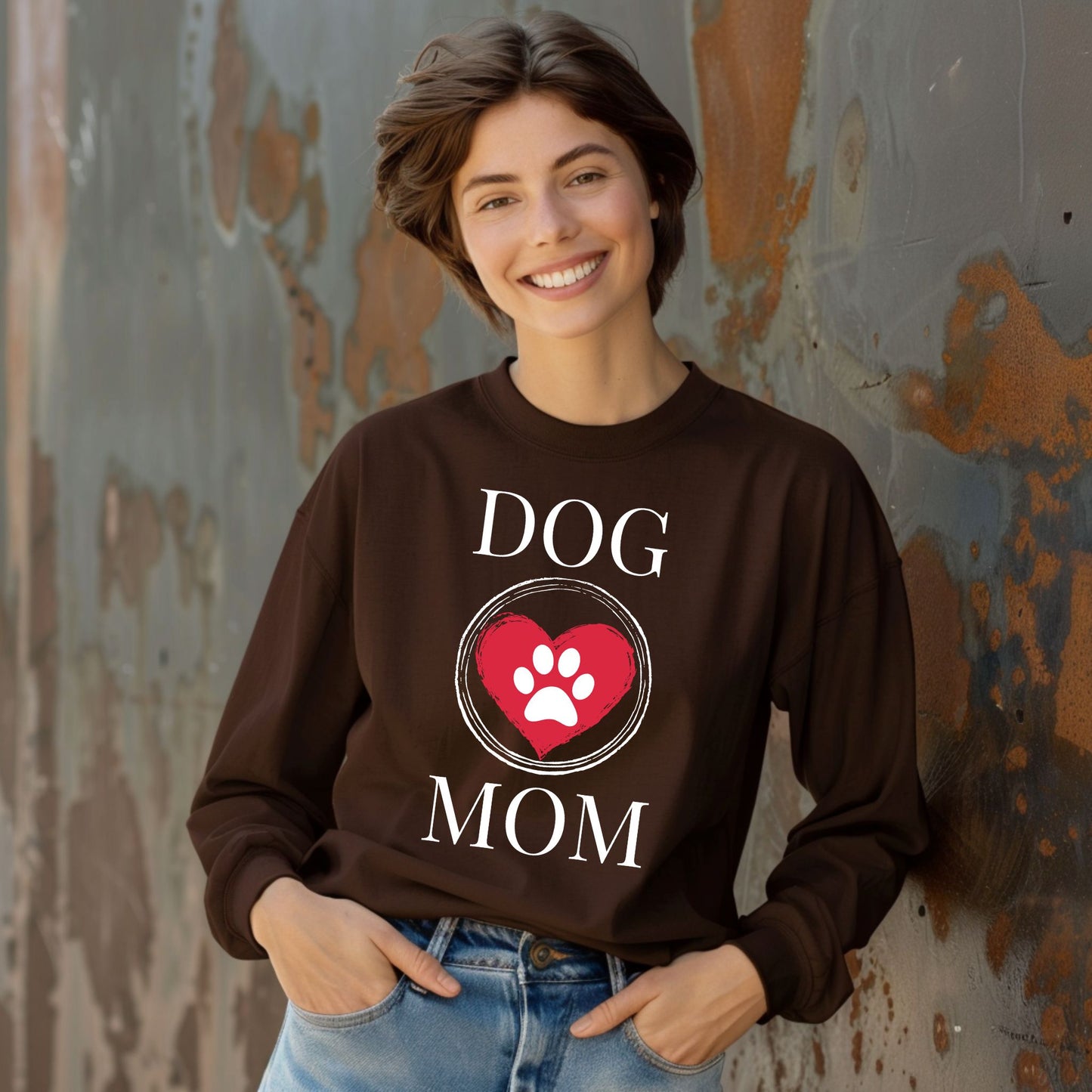 Dog Mom Paw Print Heart T-Shirt, Pet Lover Tee, Animal Parent Shirt, Puppy Owner Top, Cute Doggie Theme Clothing Long Sleeve Tee