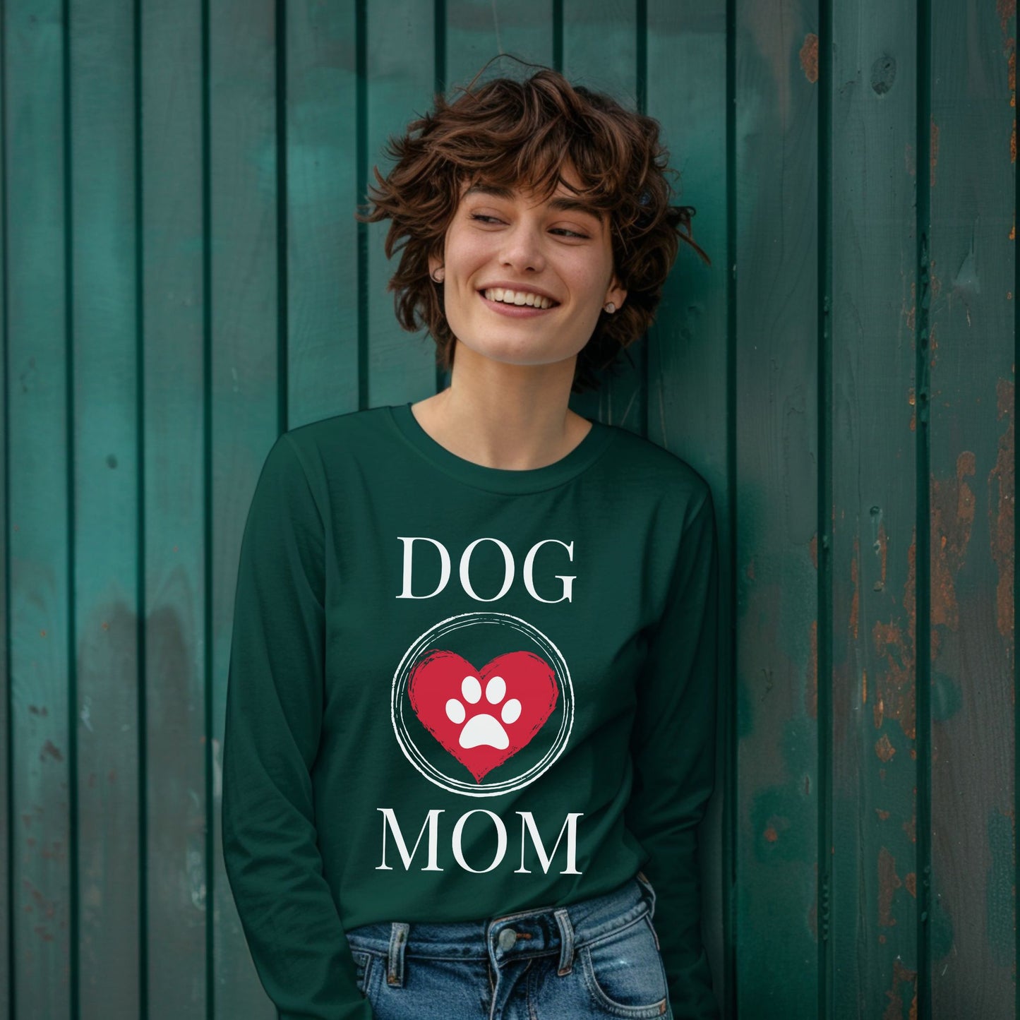 Dog Mom Paw Print Heart T-Shirt, Pet Lover Tee, Animal Parent Shirt, Puppy Owner Top, Cute Doggie Theme Clothing Long Sleeve Tee
