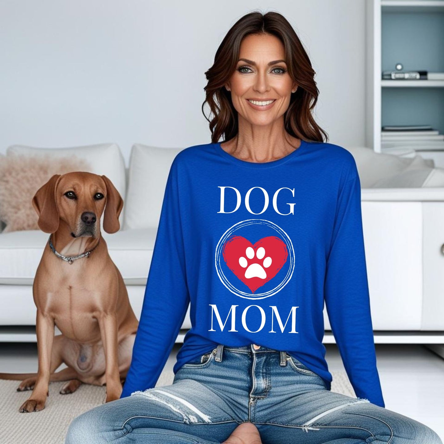 Dog Mom Paw Print Heart T-Shirt, Pet Lover Tee, Animal Parent Shirt, Puppy Owner Top, Cute Doggie Theme Clothing Long Sleeve Tee