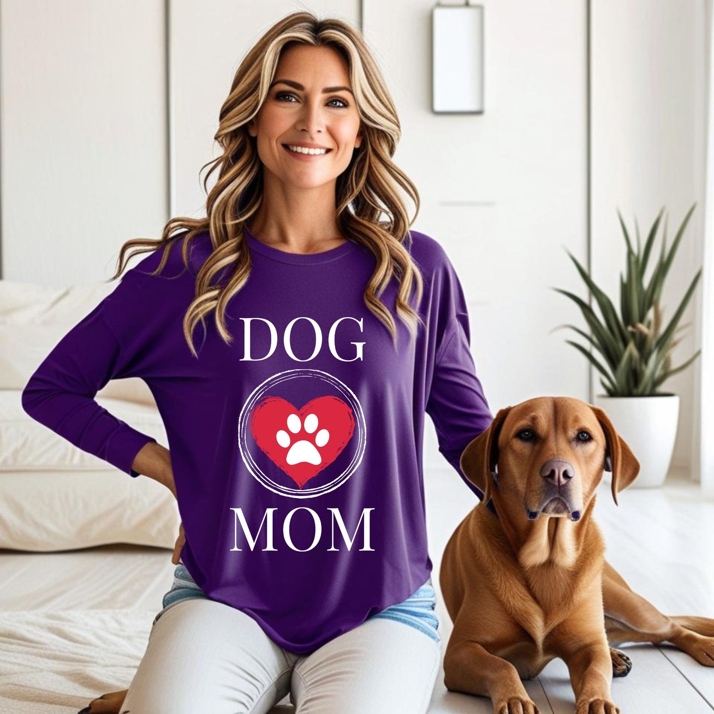 Dog Mom Paw Print Heart T-Shirt, Pet Lover Tee, Animal Parent Shirt, Puppy Owner Top, Cute Doggie Theme Clothing Long Sleeve Tee