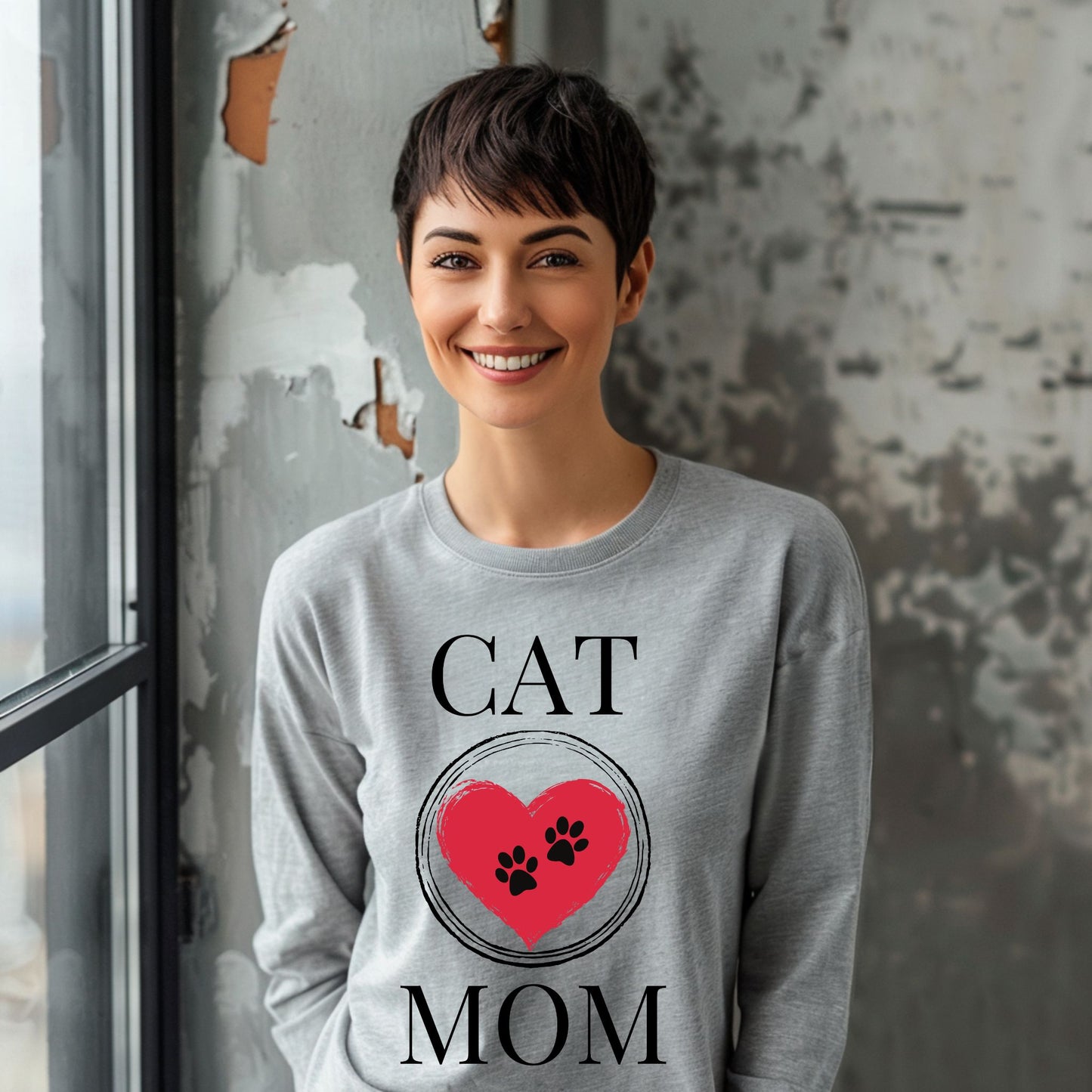Cat Mom T-Shirt, Pet Lover Tee, Heart Pawprint Shirt, Gift for Cat Owner, Mother's Day Gift Long Sleeve Tee