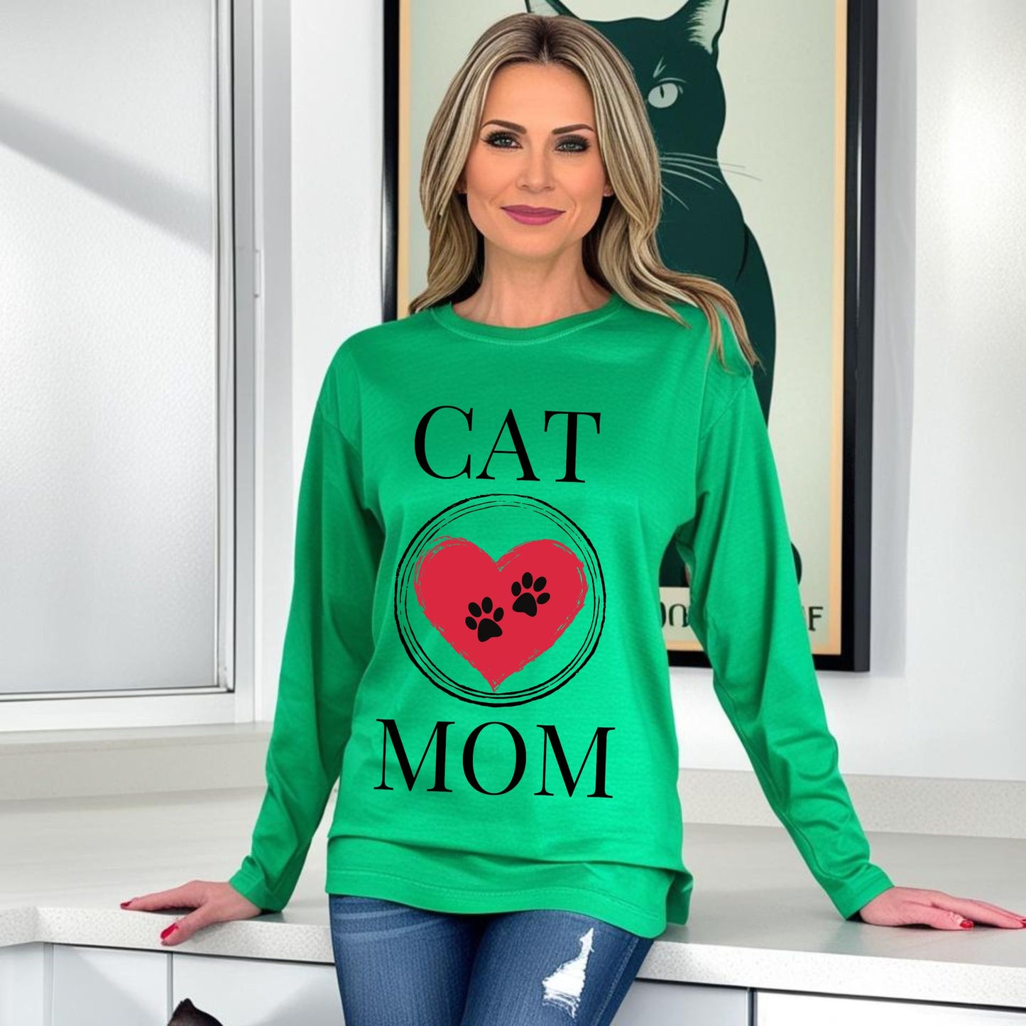 Cat Mom T-Shirt, Pet Lover Tee, Heart Pawprint Shirt, Gift for Cat Owner, Mother's Day Gift Long Sleeve Tee