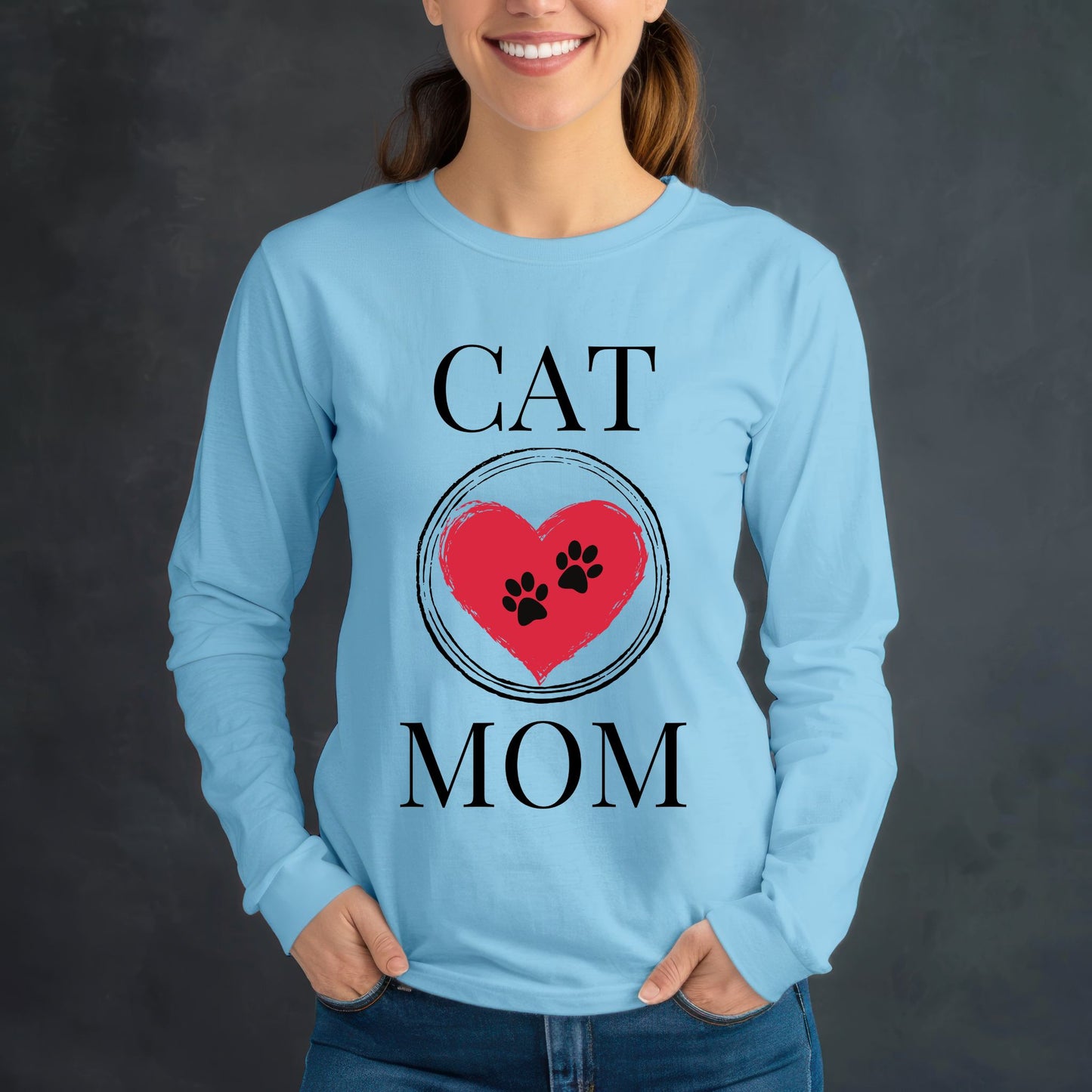 Cat Mom T-Shirt, Pet Lover Tee, Heart Pawprint Shirt, Gift for Cat Owner, Mother's Day Gift Long Sleeve Tee