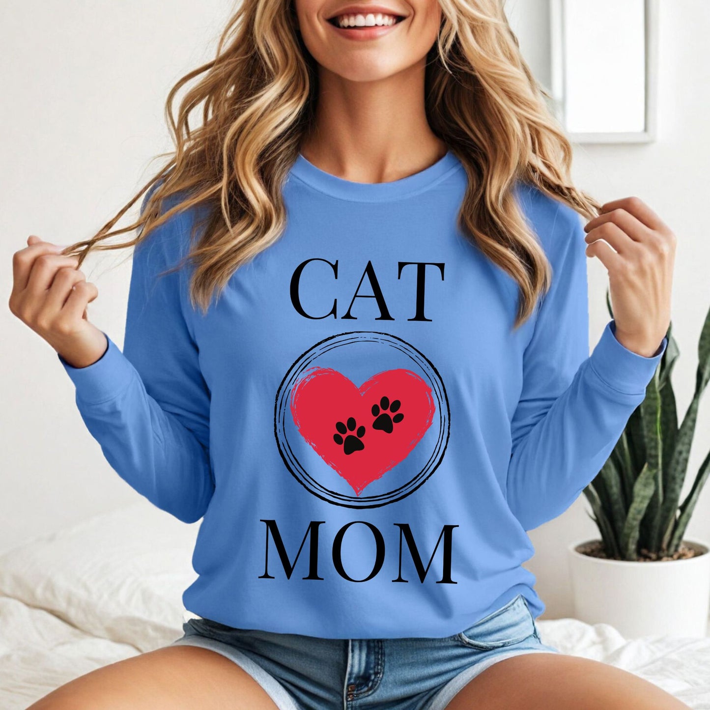 Cat Mom T-Shirt, Pet Lover Tee, Heart Pawprint Shirt, Gift for Cat Owner, Mother's Day Gift Long Sleeve Tee