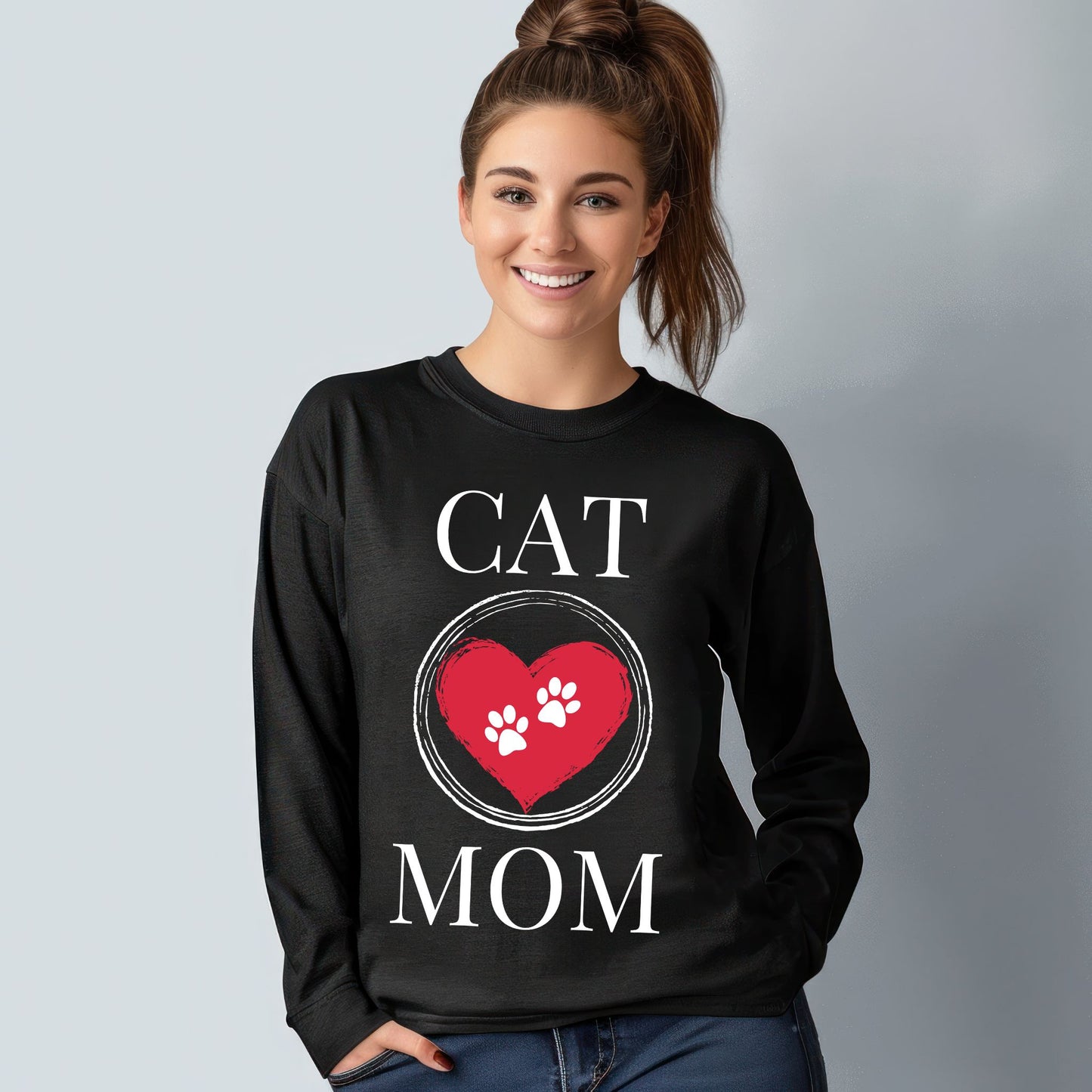 Cat Mom T-Shirt, Pet Lover Tee, Heart Pawprint Shirt, Gift for Cat Owner, Mother's Day Gift Long Sleeve Tee