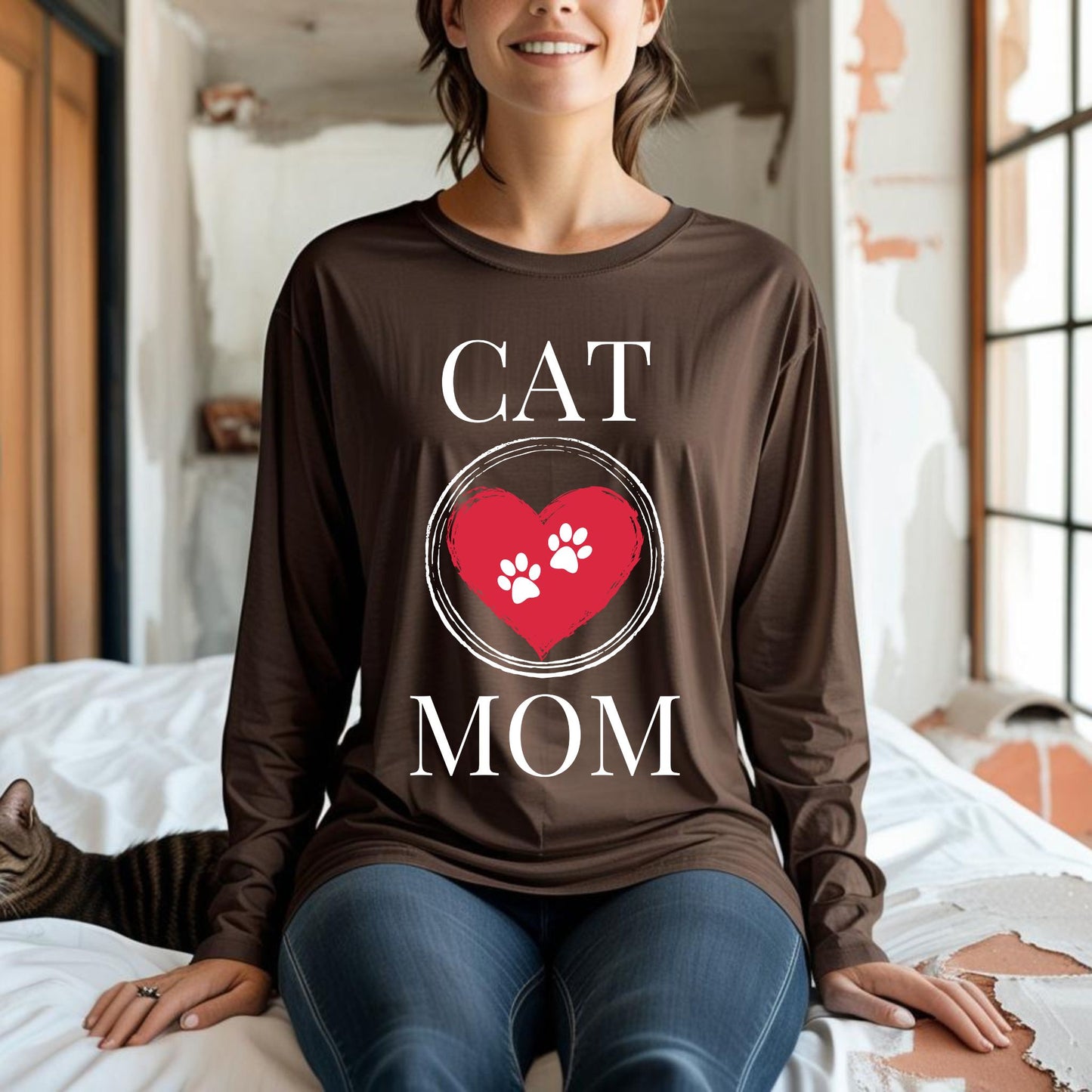Cat Mom T-Shirt, Pet Lover Tee, Heart Pawprint Shirt, Gift for Cat Owner, Mother's Day Gift Long Sleeve Tee