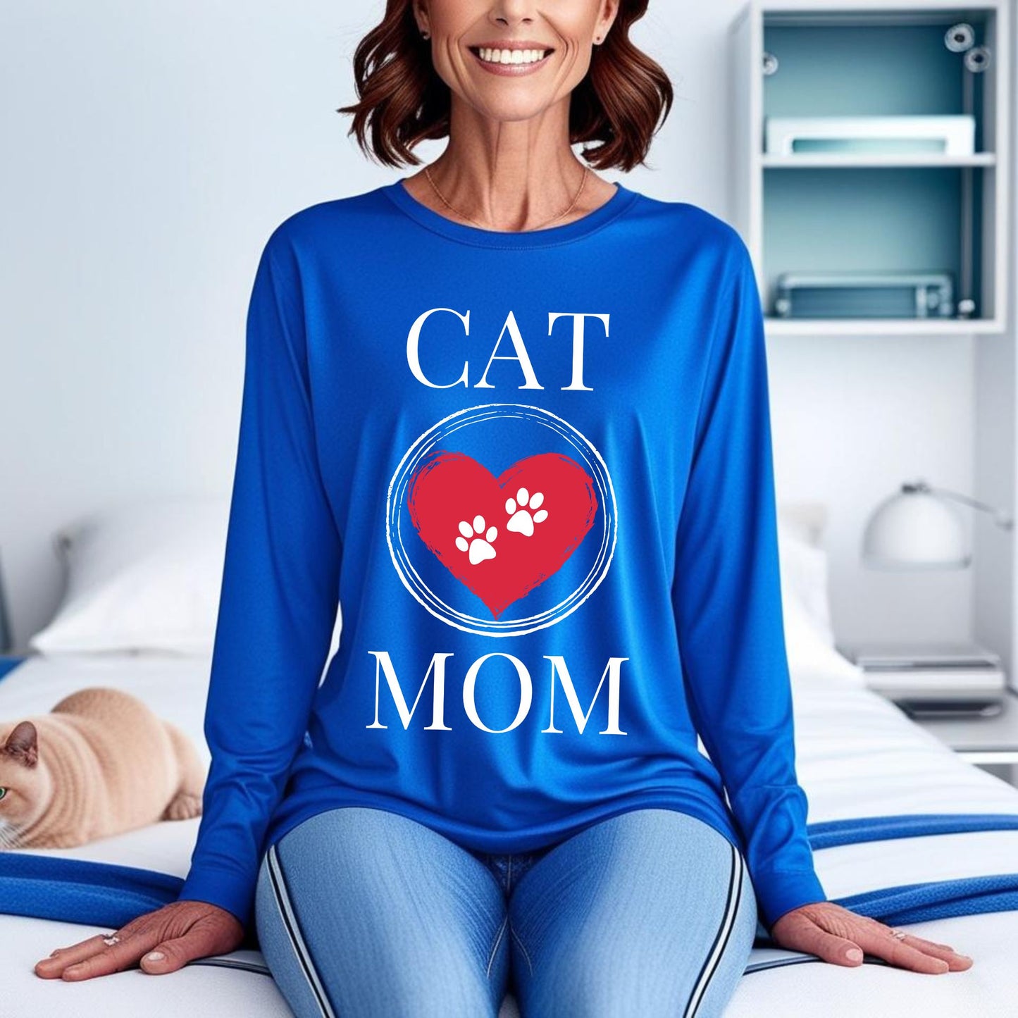 Cat Mom T-Shirt, Pet Lover Tee, Heart Pawprint Shirt, Gift for Cat Owner, Mother's Day Gift Long Sleeve Tee