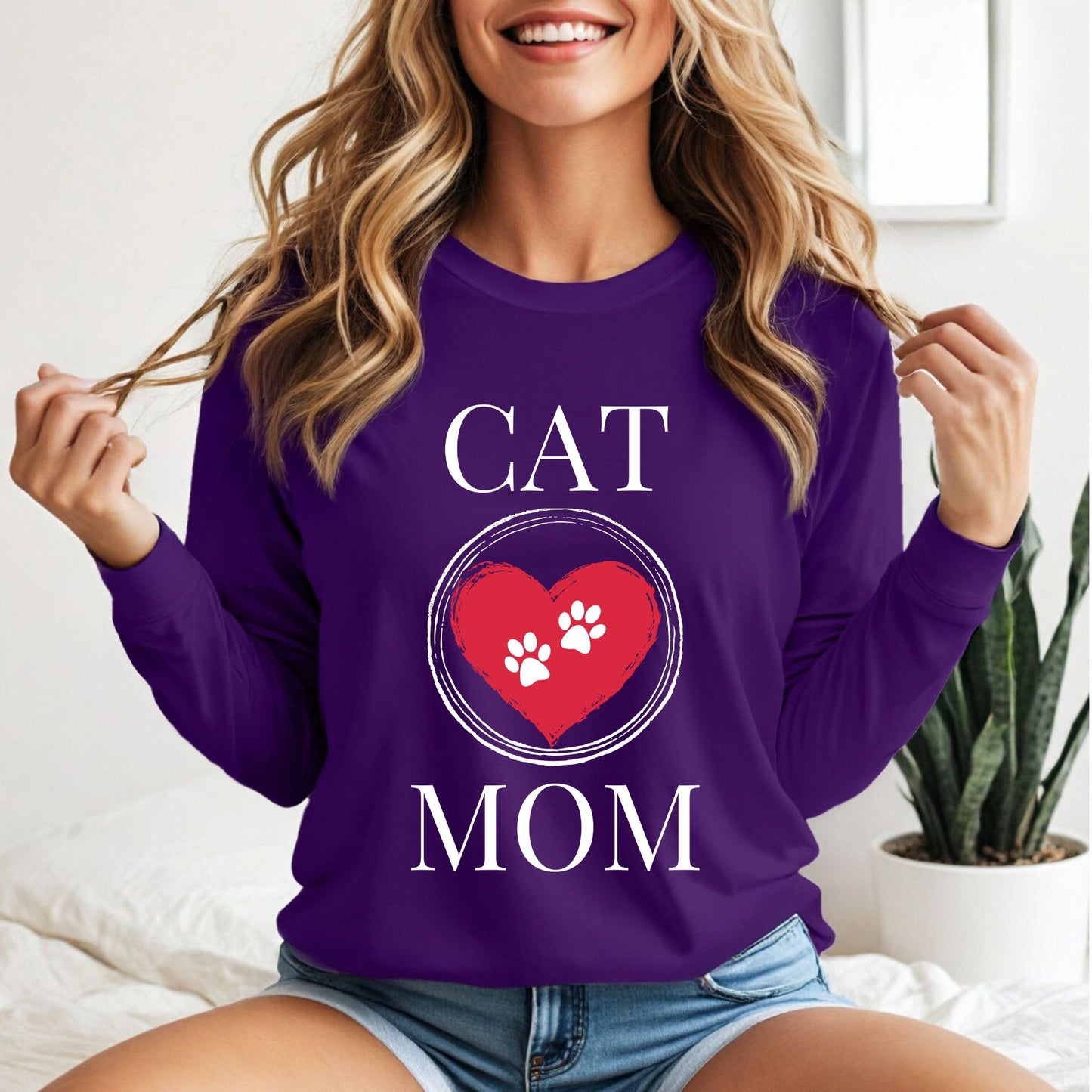 Cat Mom T-Shirt, Pet Lover Tee, Heart Pawprint Shirt, Gift for Cat Owner, Mother's Day Gift Long Sleeve Tee