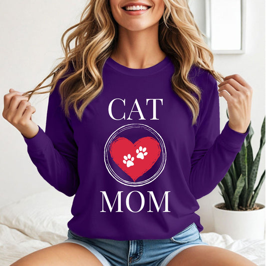 Cat Mom T-Shirt, Pet Lover Tee, Heart Pawprint Shirt, Gift for Cat Owner, Mother's Day Gift Long Sleeve Tee