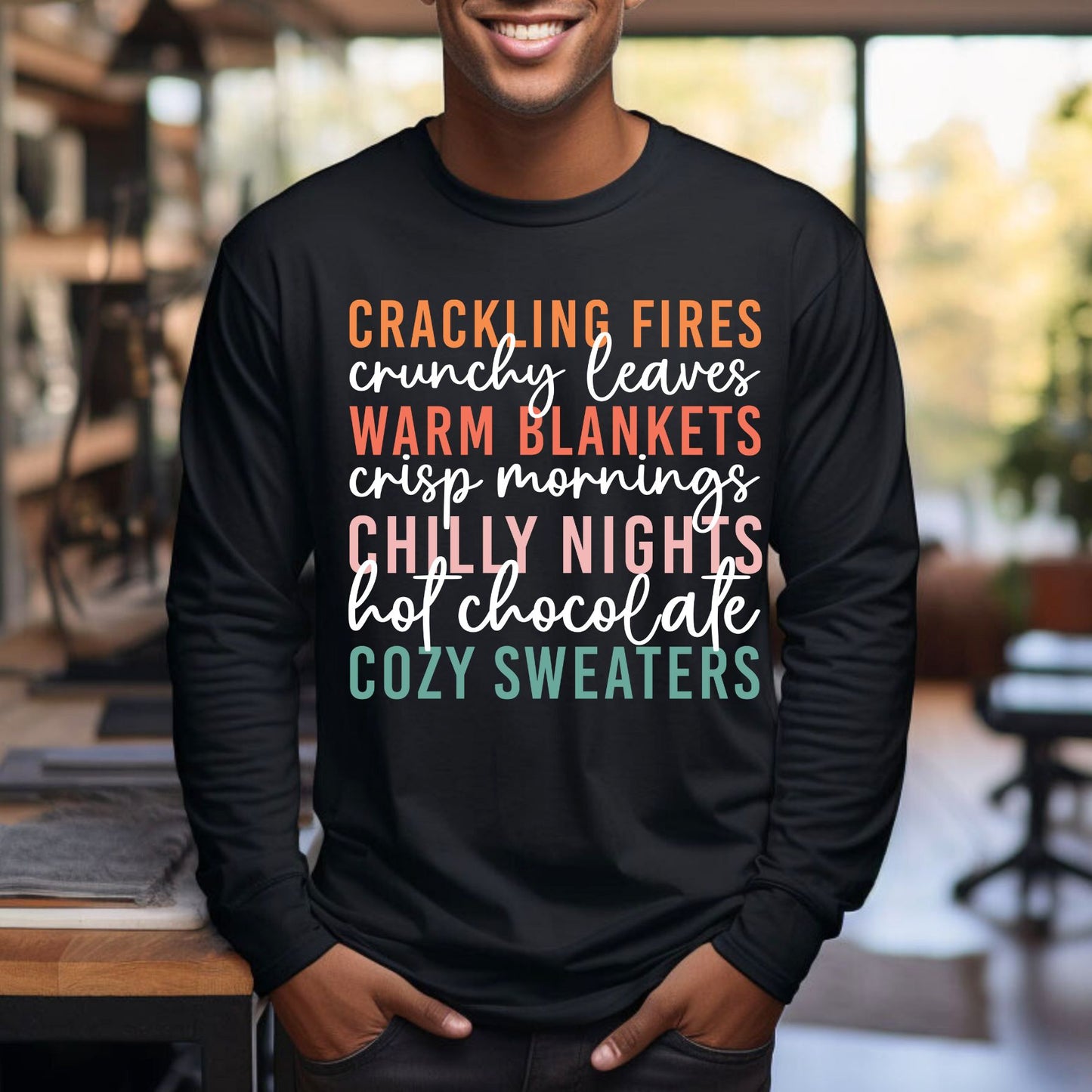 Fall Vibes T-Shirt Autumn Text Graphic Tee Fall Lovers Tshirt Crackling Fires and Cozy Sweaters T-Shirt Fall Lover Gift Long Sleeve Tee