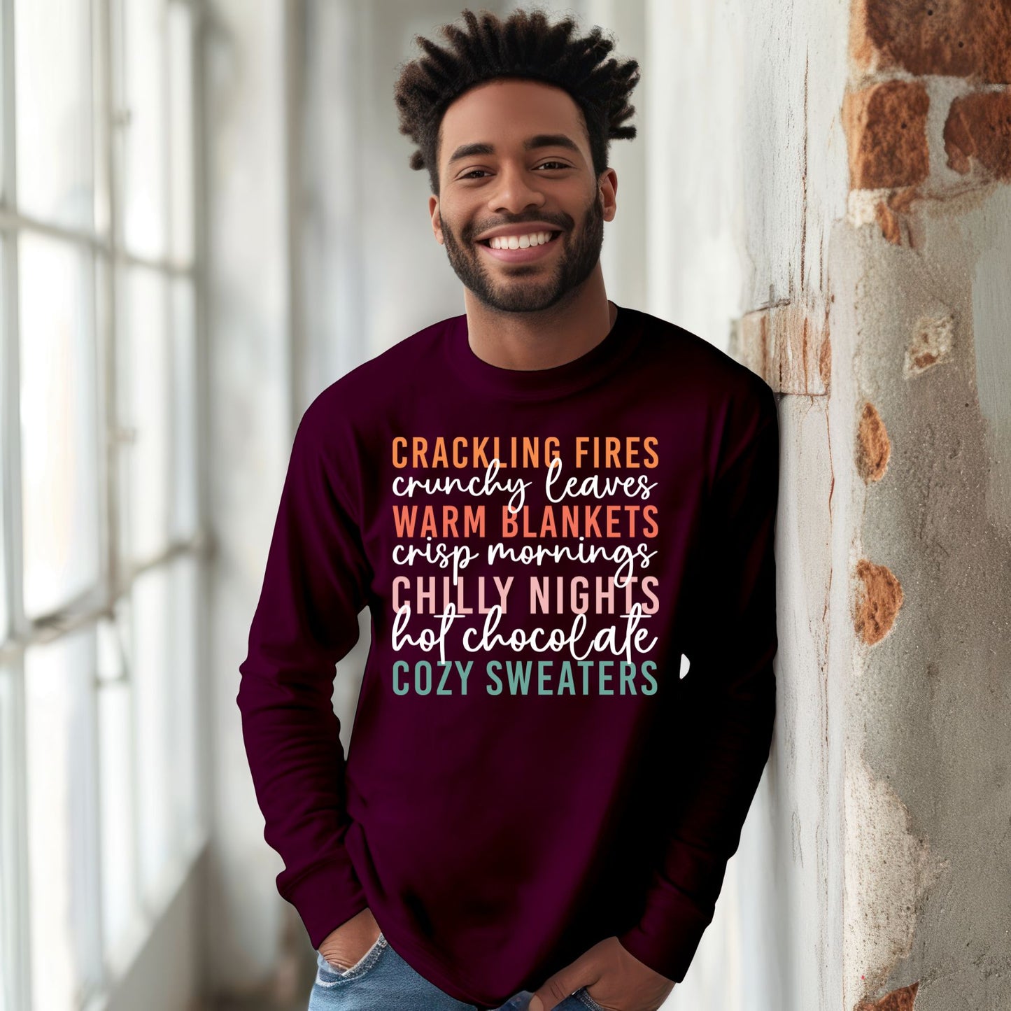 Fall Vibes T-Shirt Autumn Text Graphic Tee Fall Lovers Tshirt Crackling Fires and Cozy Sweaters T-Shirt Fall Lover Gift Long Sleeve Tee