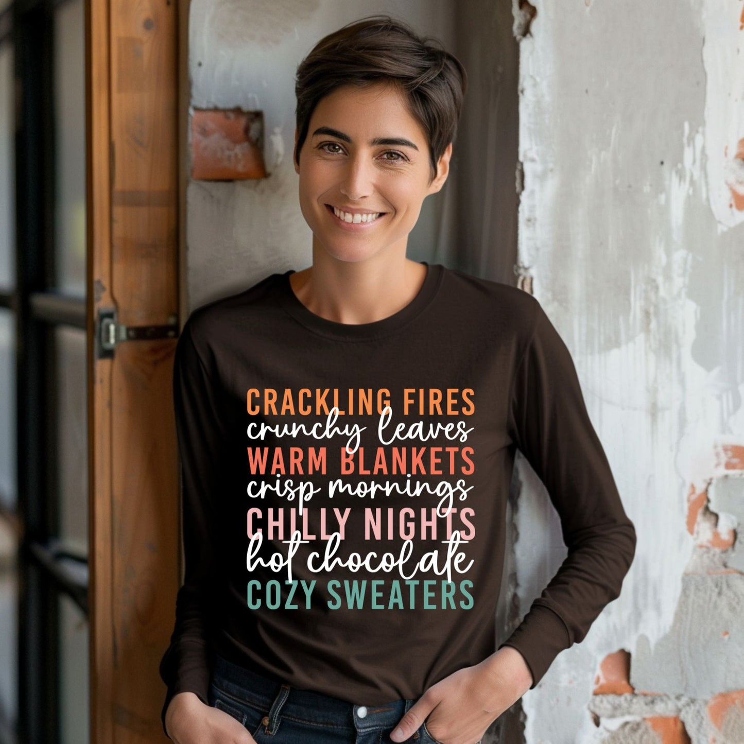 Fall Vibes T-Shirt Autumn Text Graphic Tee Fall Lovers Tshirt Crackling Fires and Cozy Sweaters T-Shirt Fall Lover Gift Long Sleeve Tee