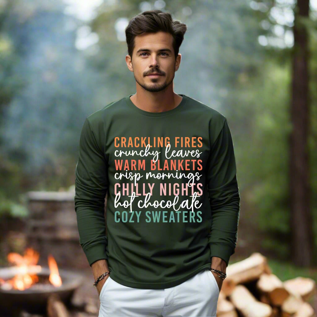 Fall Vibes T-Shirt Autumn Text Graphic Tee Fall Lovers Tshirt Crackling Fires and Cozy Sweaters T-Shirt Fall Lover Gift Long Sleeve Tee