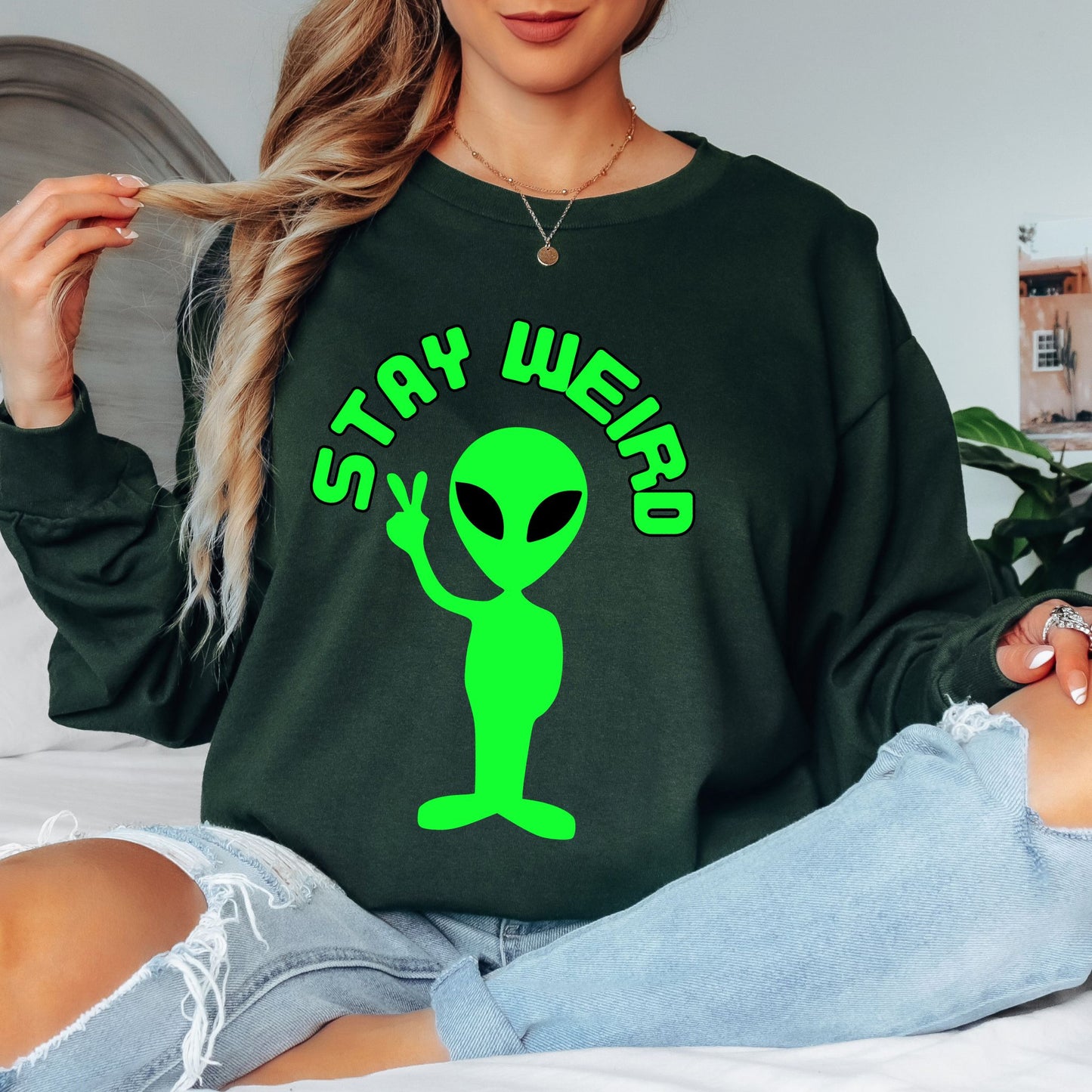 Stay Weird Alien Peace Sign T-Shirt – Fun Retro UFO Graphic Tee Long Sleeve Tee