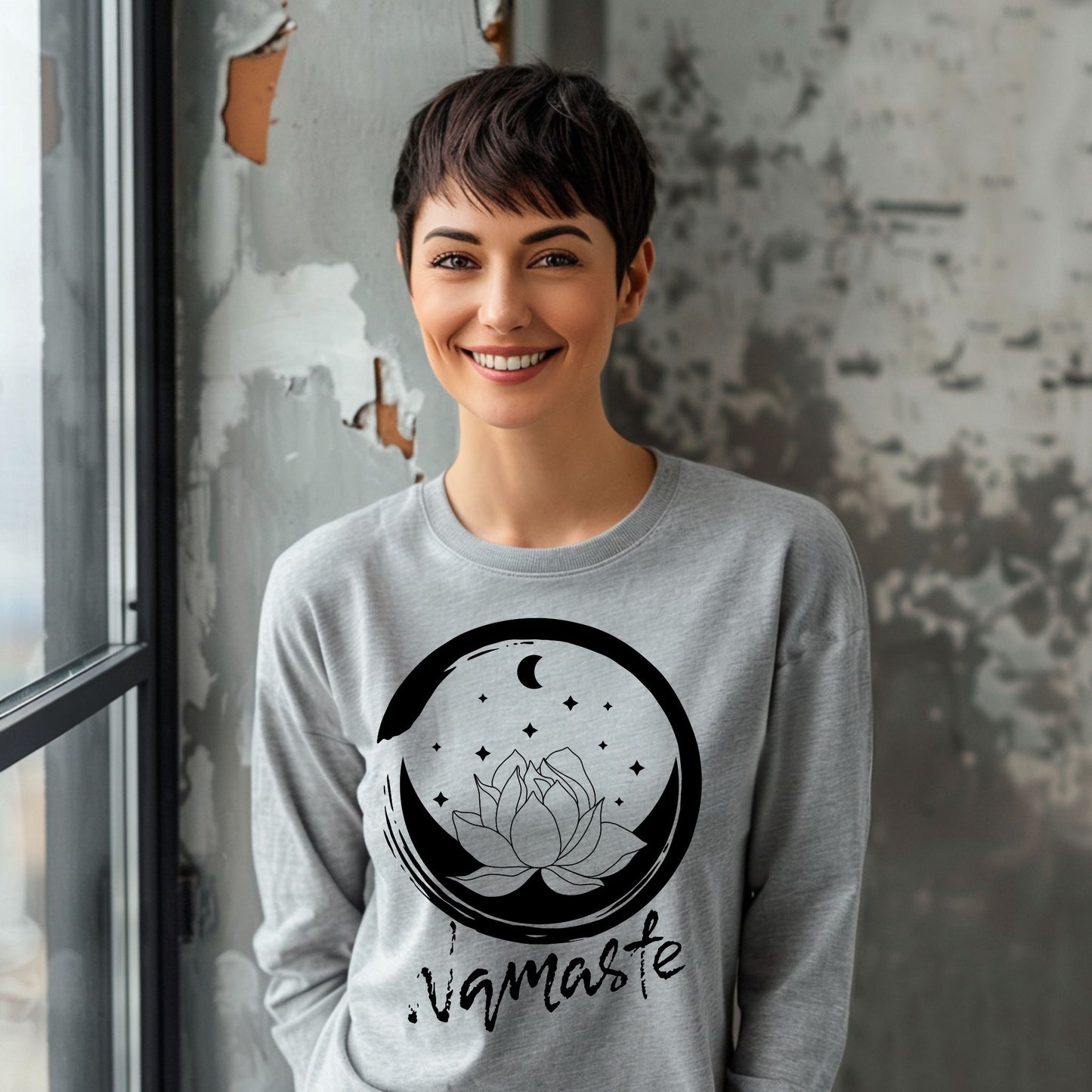 Namaste T-Shirt – Lotus Flower & Moon Graphic Tee for Yoga, Meditation & Mindfulness Lovers Yoga Shirt Meditation Shirt Yoga Gift Zen TShirt Long Sleeve Tee
