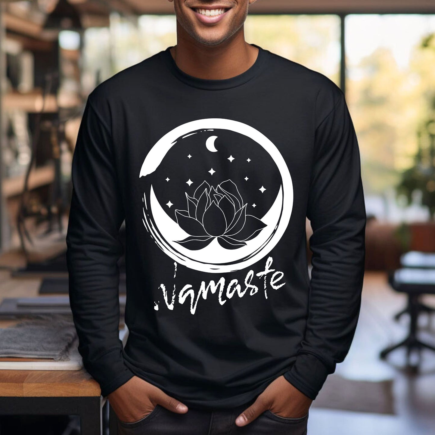 Namaste T-Shirt – Lotus Flower & Moon Graphic Tee for Yoga, Meditation & Mindfulness Lovers Yoga Shirt Meditation Shirt Yoga Gift Zen TShirt Long Sleeve Tee