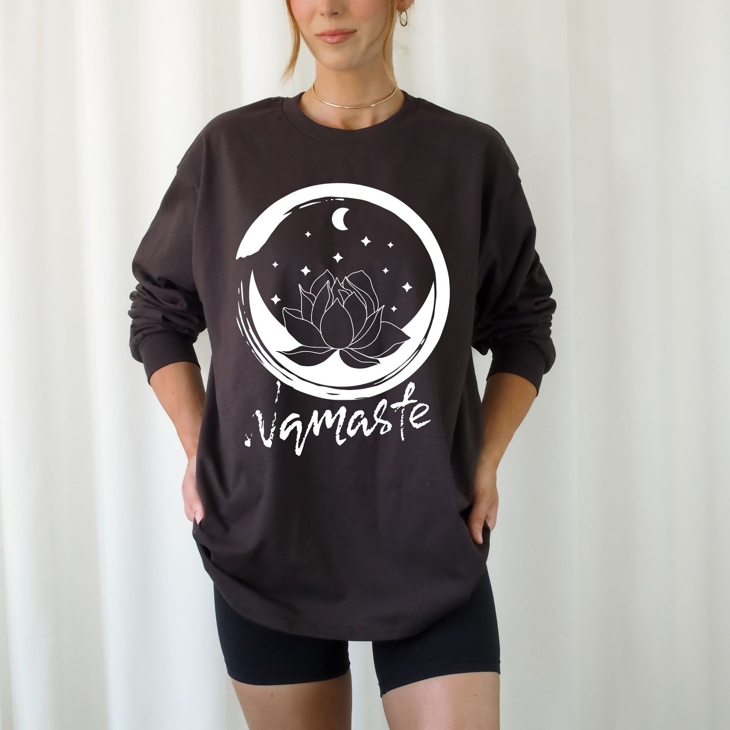 Namaste T-Shirt – Lotus Flower & Moon Graphic Tee for Yoga, Meditation & Mindfulness Lovers Yoga Shirt Meditation Shirt Yoga Gift Zen TShirt Long Sleeve Tee