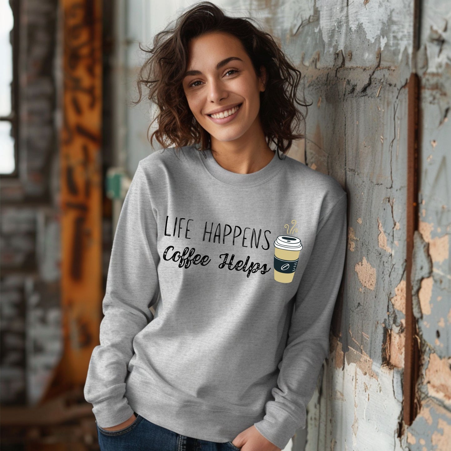 Life Happens Coffee Helps T-Shirt Funny Coffee Graphic Tee for Caffeine Lovers Long Sleeve Tee