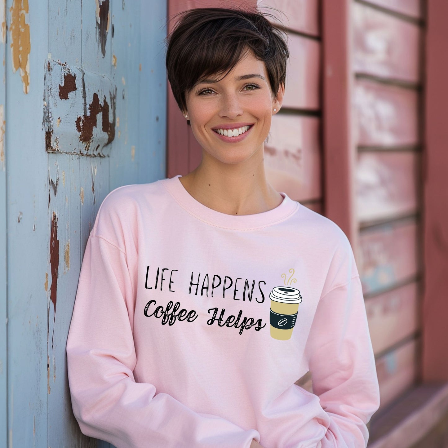 Life Happens Coffee Helps T-Shirt Funny Coffee Graphic Tee for Caffeine Lovers Long Sleeve Tee