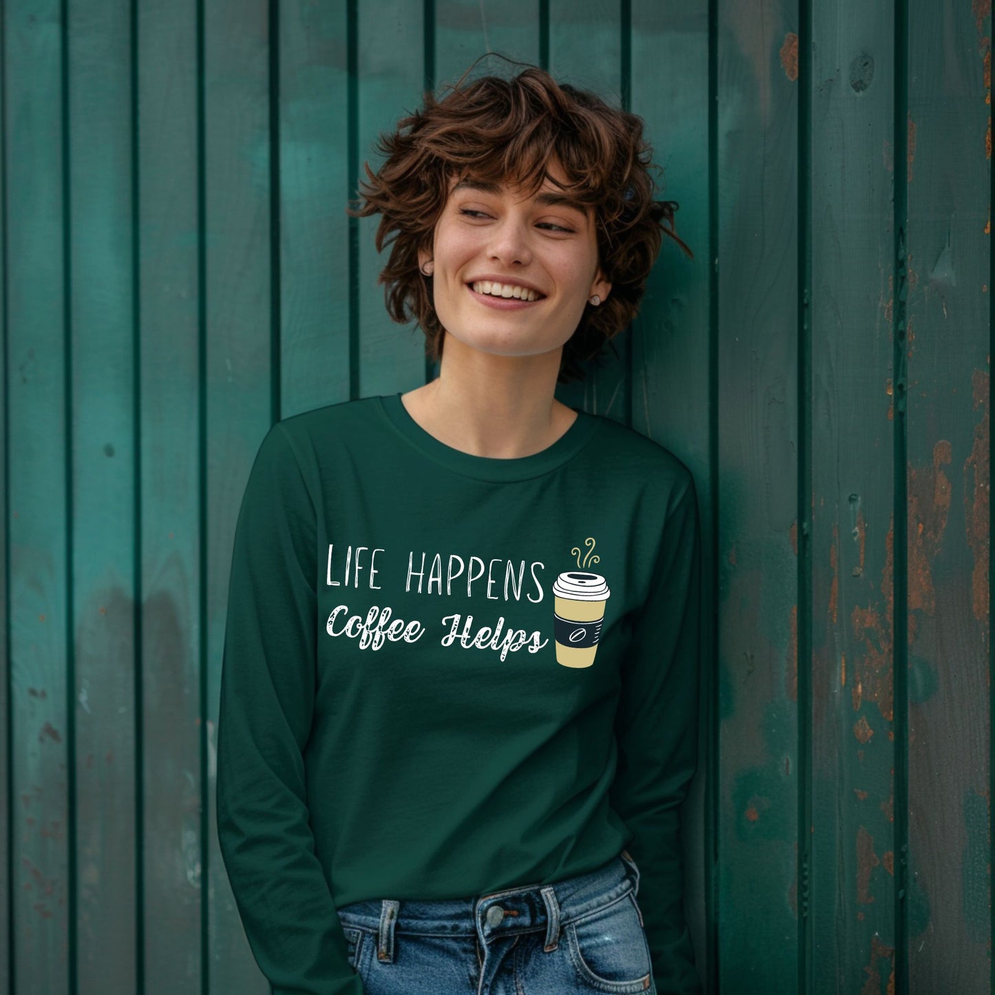 Life Happens Coffee Helps T-Shirt Funny Coffee Graphic Tee for Caffeine Lovers Long Sleeve Tee