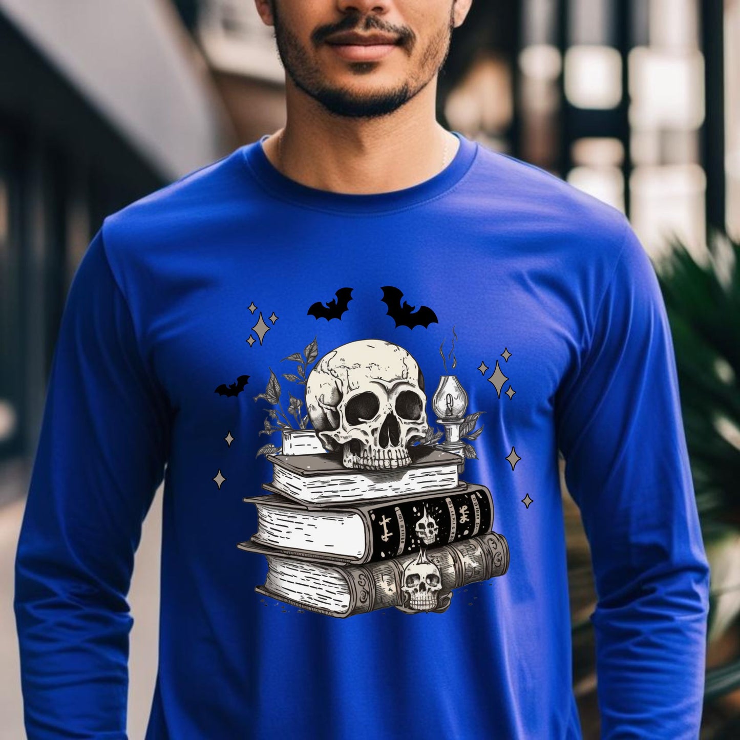 Dark Academia Aesthetic T-Shirt Skull, Books, and Bats Gothic Graphic Tee Long Sleeve Tee