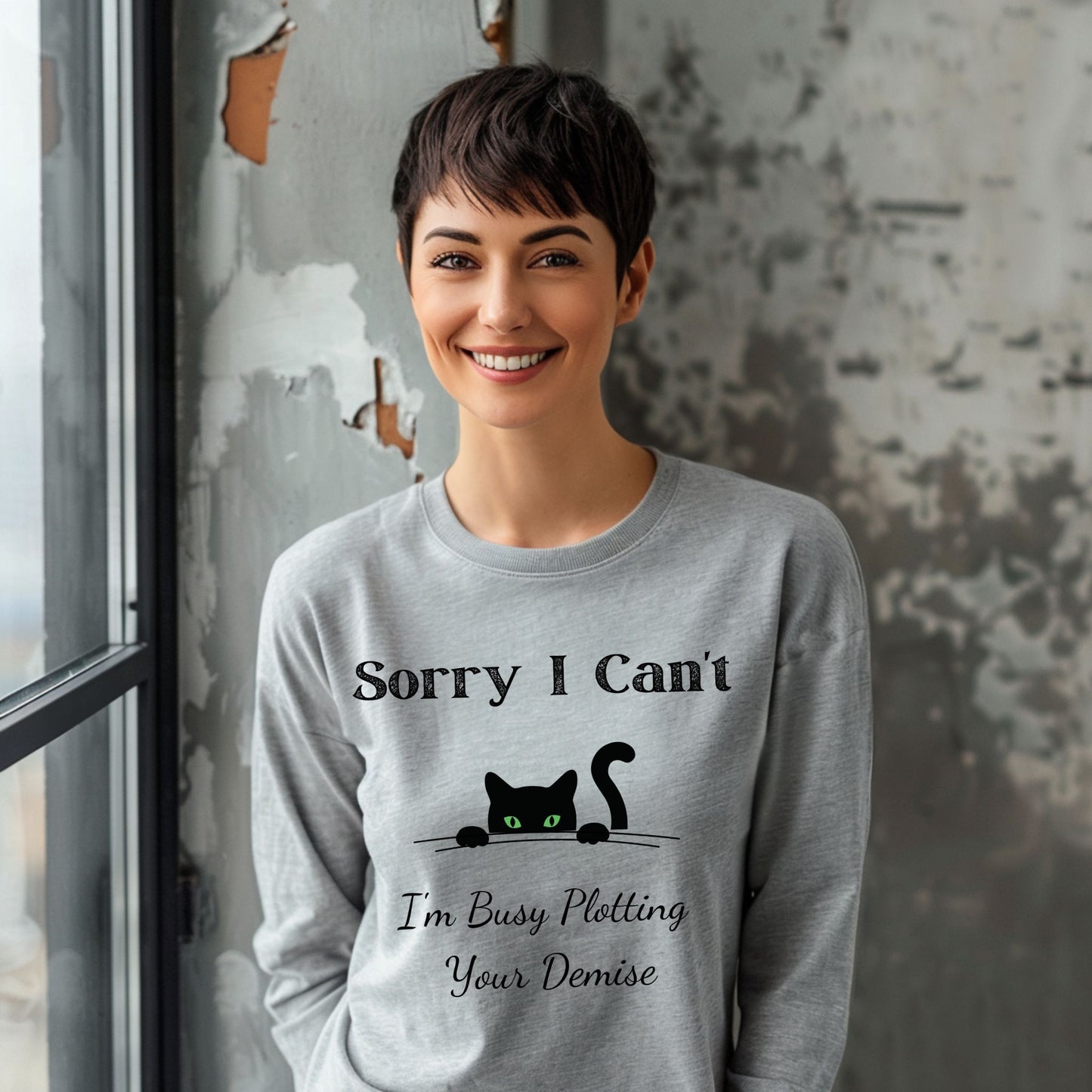 Peeking Black Cat Graphic T-Shirt Sorry I Can't I'm Plotting Your Demise Funny Cat Shirt Black Cat Tee Long Sleeve Tee