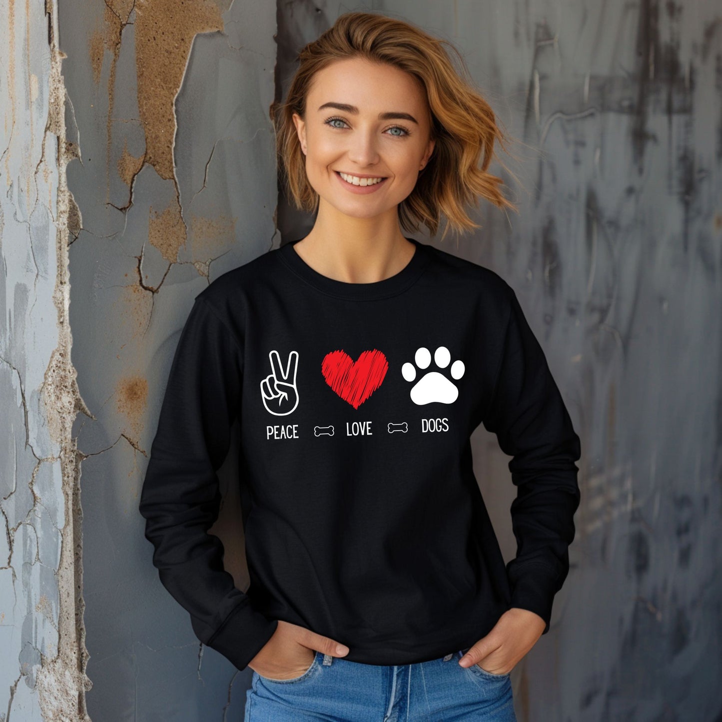 Peace Love Dogs Shirt Dog Lover Shirt Cute Dog Lover Tee with Peace Sign, Heart, and Paw Print Graphic Long Sleeve Tee