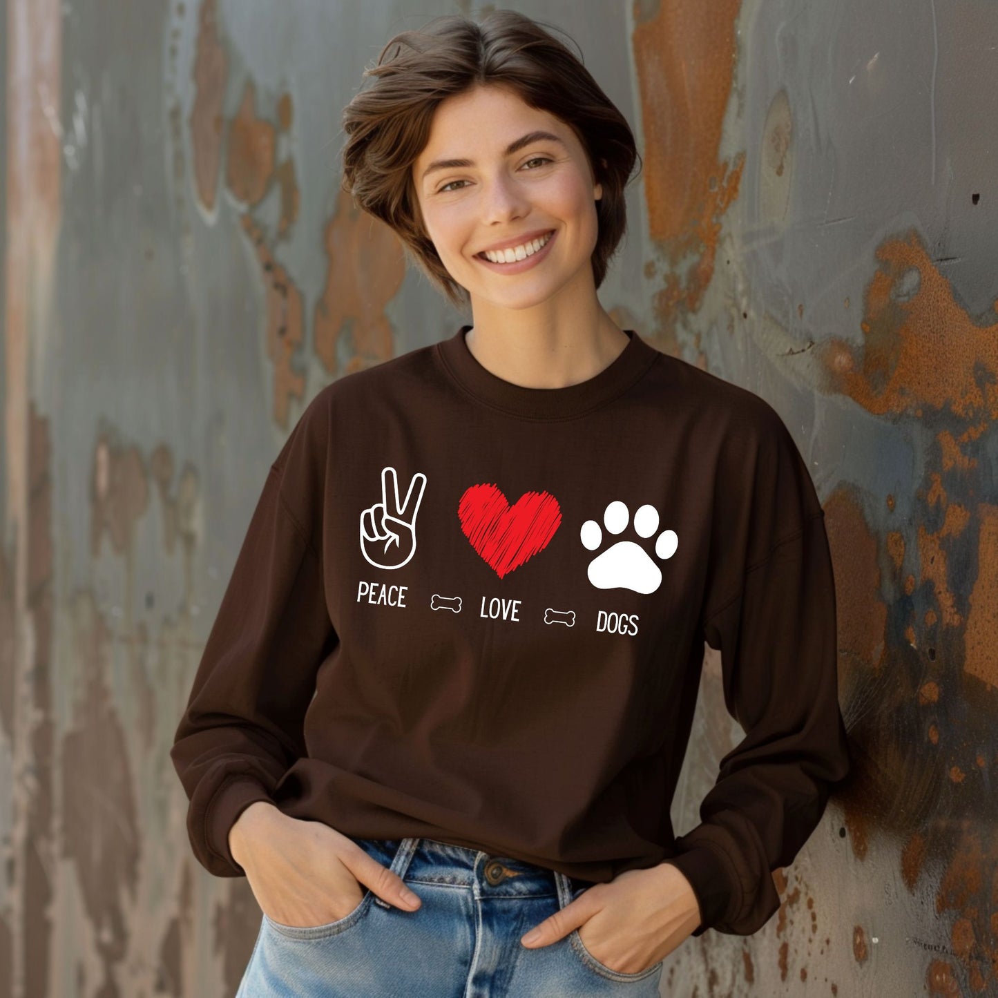 Peace Love Dogs Shirt Dog Lover Shirt Cute Dog Lover Tee with Peace Sign, Heart, and Paw Print Graphic Long Sleeve Tee