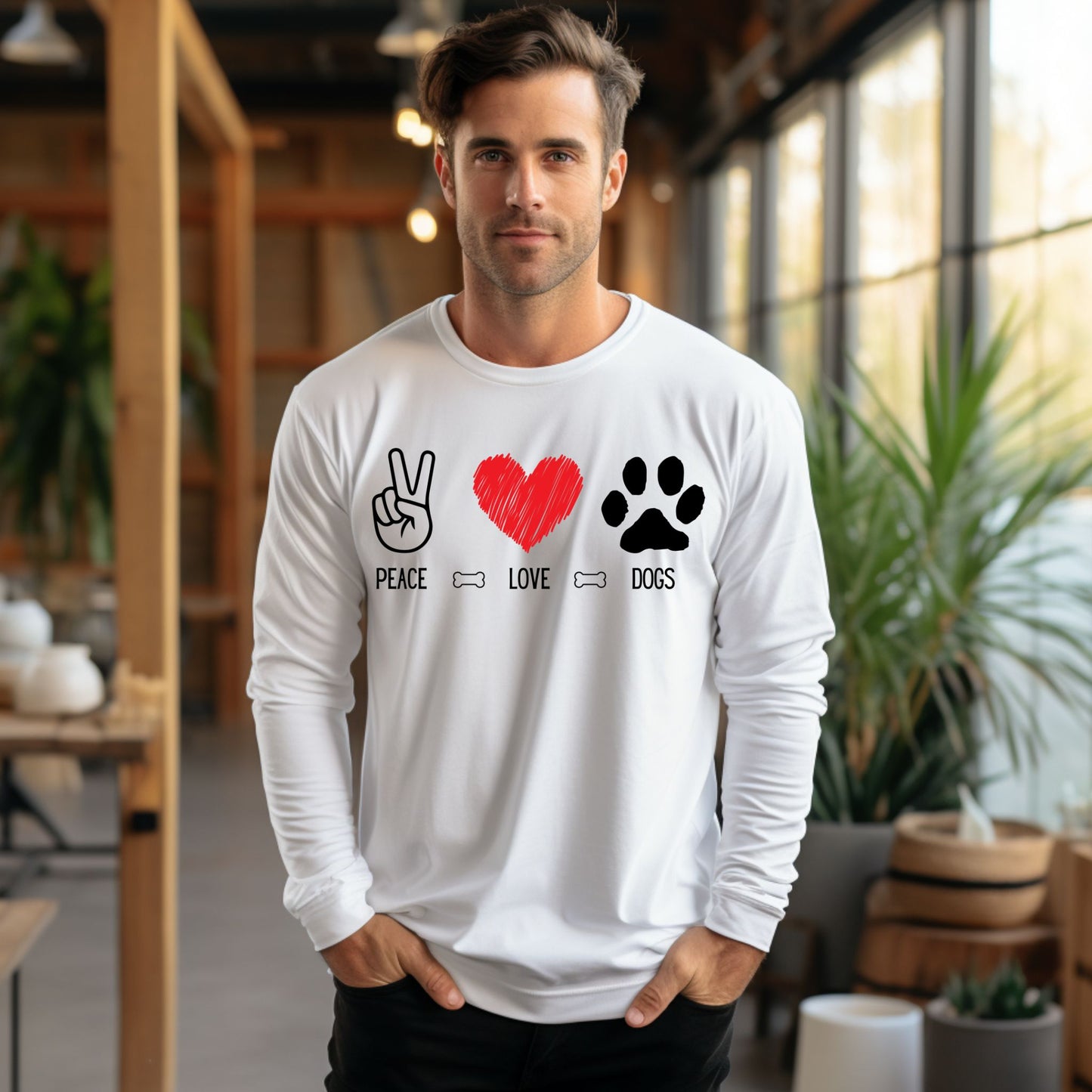 Peace Love Dogs Shirt Dog Lover Shirt Cute Dog Lover Tee with Peace Sign, Heart, and Paw Print Graphic Long Sleeve Tee