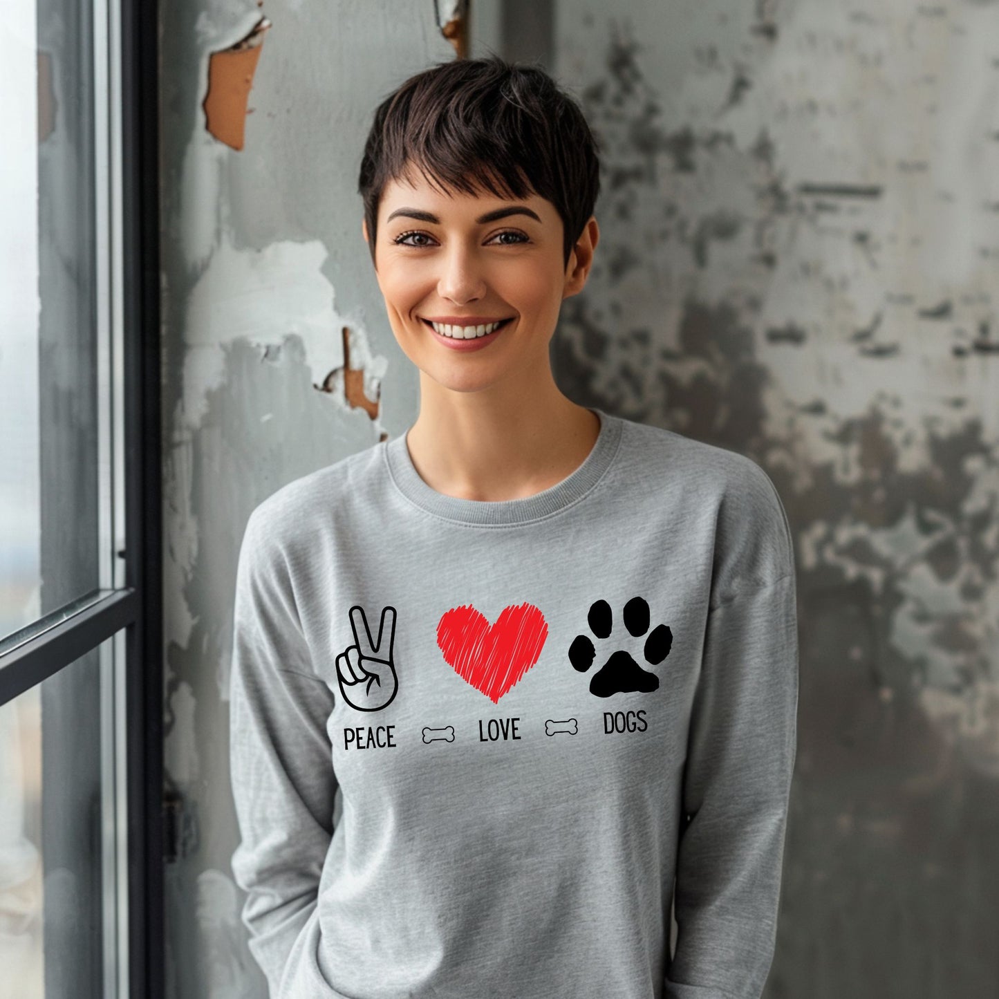 Peace Love Dogs Shirt Dog Lover Shirt Cute Dog Lover Tee with Peace Sign, Heart, and Paw Print Graphic Long Sleeve Tee
