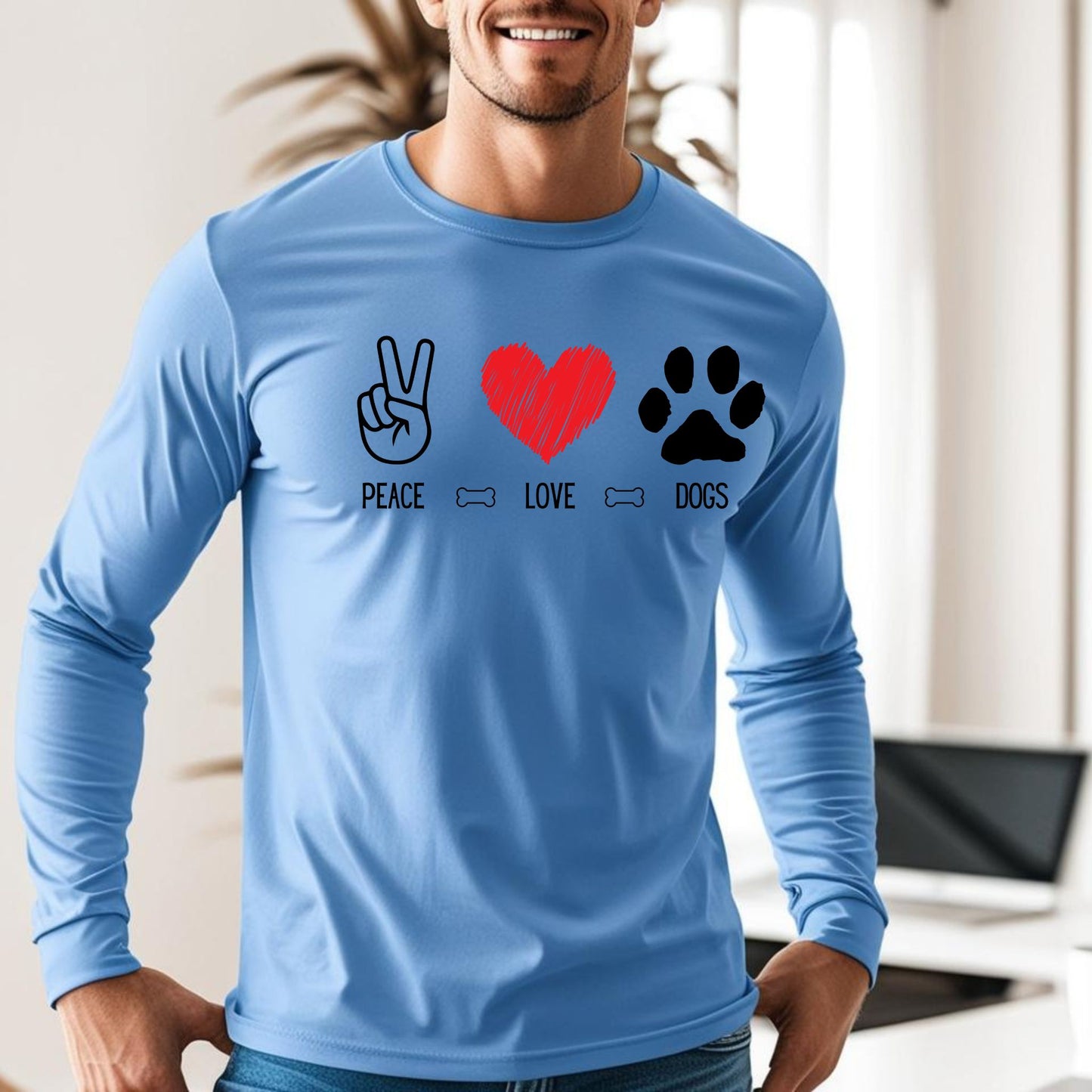 Peace Love Dogs Shirt Dog Lover Shirt Cute Dog Lover Tee with Peace Sign, Heart, and Paw Print Graphic Long Sleeve Tee
