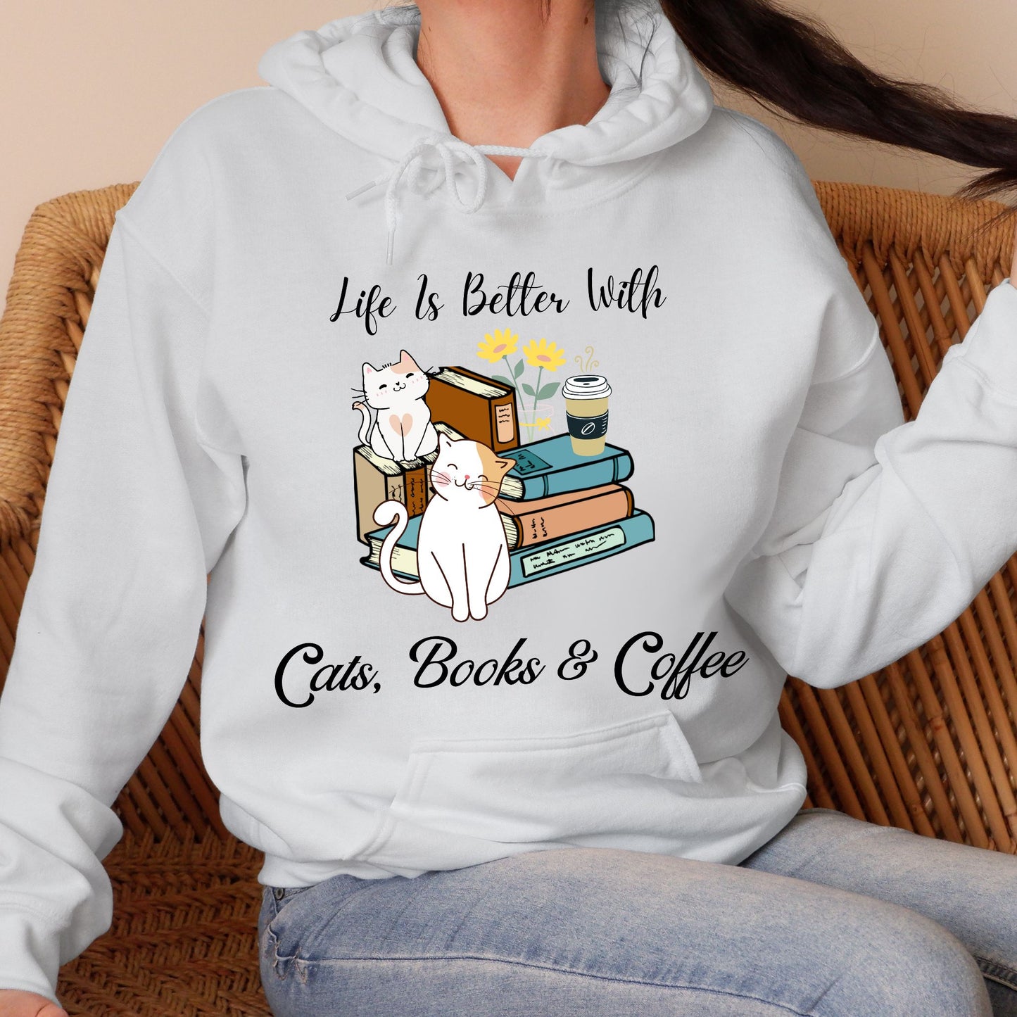 Cats Books And Coffee Hoodie Bookish Sweatshirt Bookworm Gift Reading Hoodie Bibliophile Gift Librarian Sweatshirt