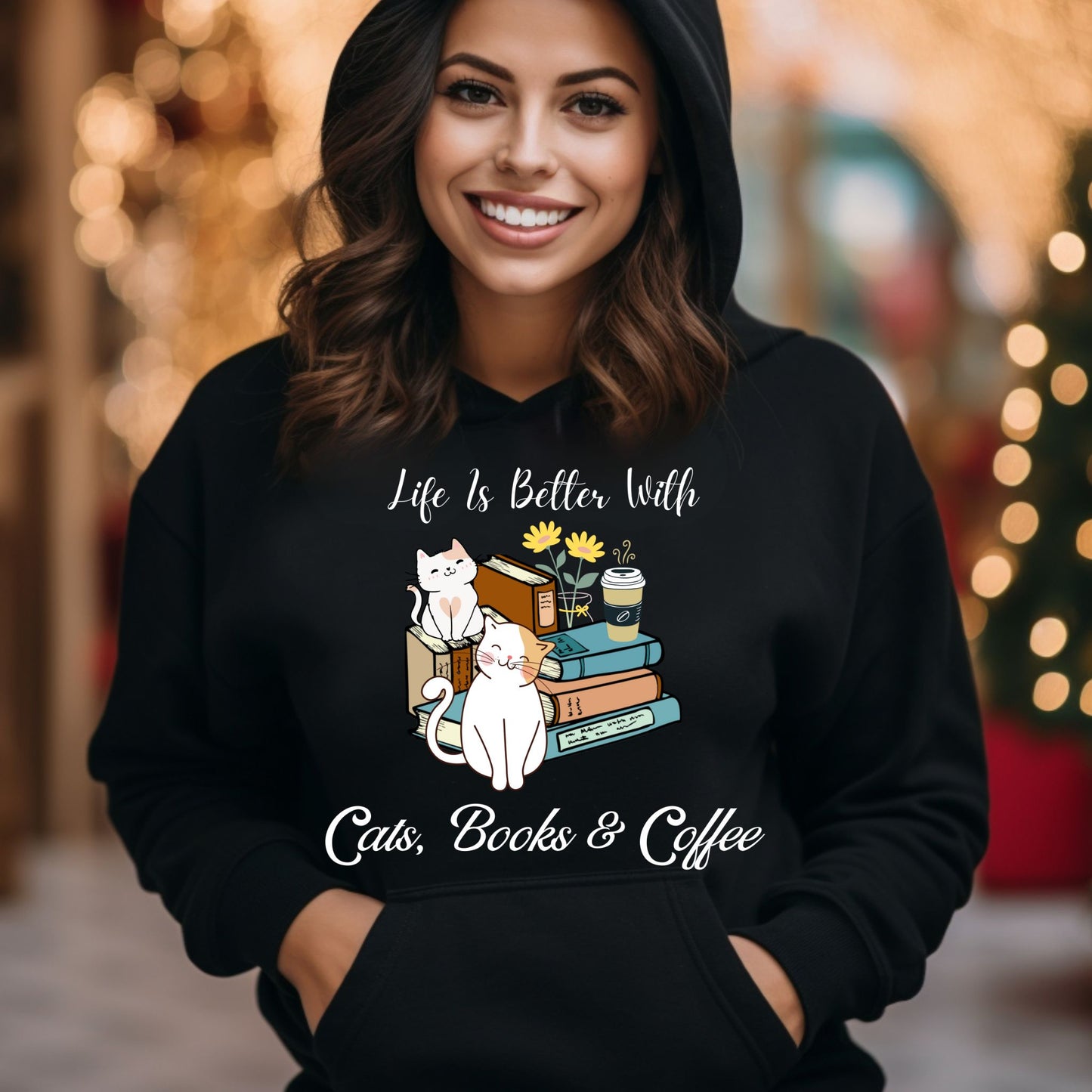 Cats Books And Coffee Hoodie Bookish Sweatshirt Bookworm Gift Reading Hoodie Bibliophile Gift Librarian Sweatshirt