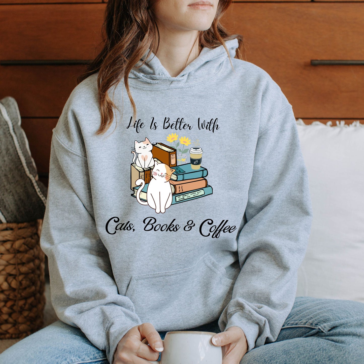 Cats Books And Coffee Hoodie Bookish Sweatshirt Bookworm Gift Reading Hoodie Bibliophile Gift Librarian Sweatshirt