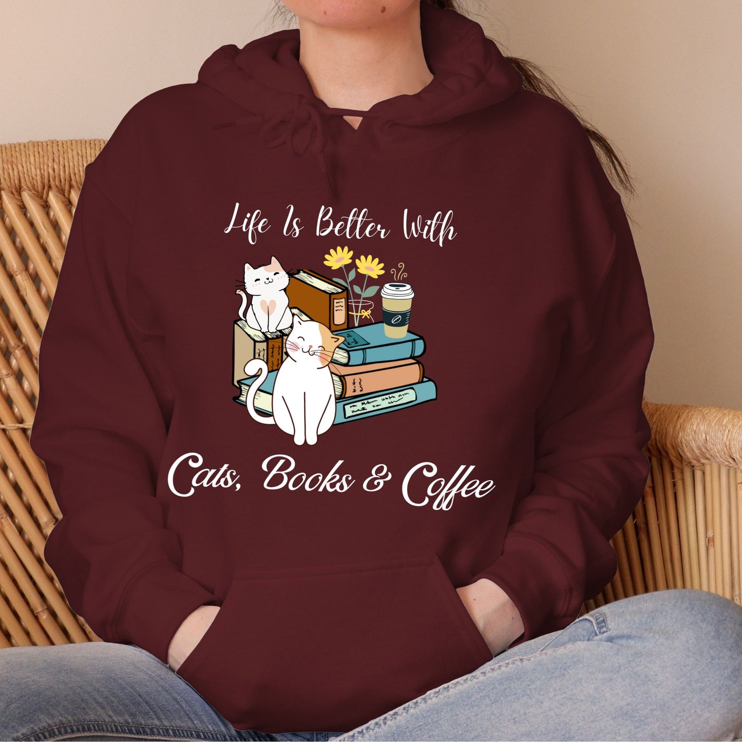Cats Books And Coffee Hoodie Bookish Sweatshirt Bookworm Gift Reading Hoodie Bibliophile Gift Librarian Sweatshirt