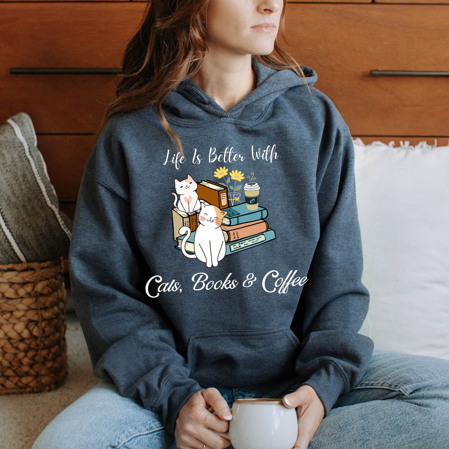 Cats Books And Coffee Hoodie Bookish Sweatshirt Bookworm Gift Reading Hoodie Bibliophile Gift Librarian Sweatshirt