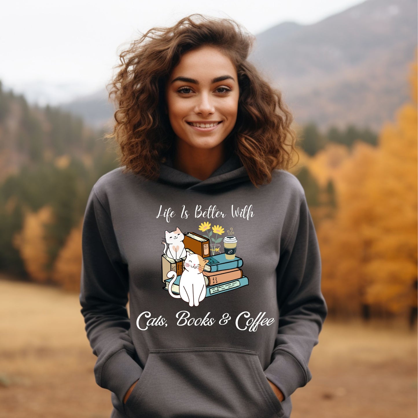 Cats Books And Coffee Hoodie Bookish Sweatshirt Bookworm Gift Reading Hoodie Bibliophile Gift Librarian Sweatshirt