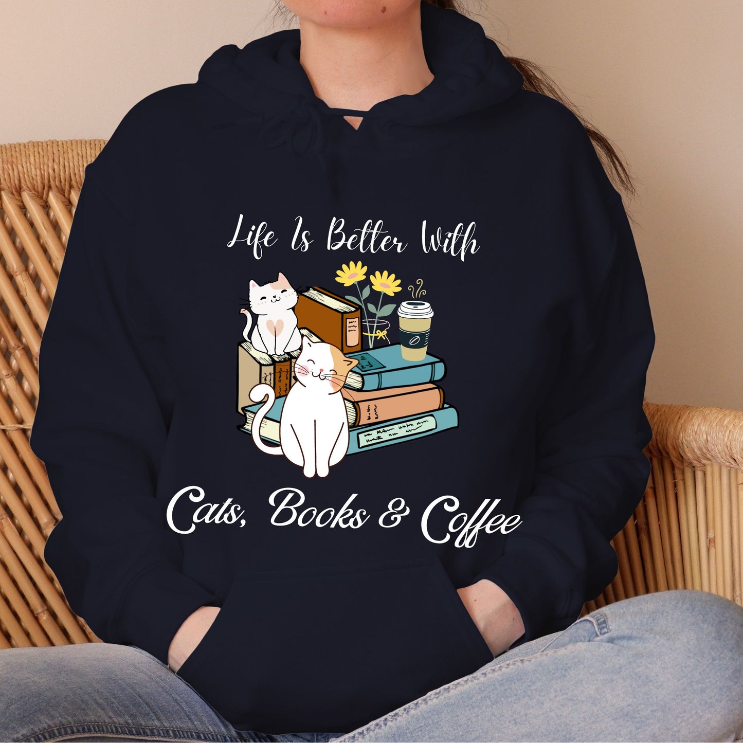 Cats Books And Coffee Hoodie Bookish Sweatshirt Bookworm Gift Reading Hoodie Bibliophile Gift Librarian Sweatshirt