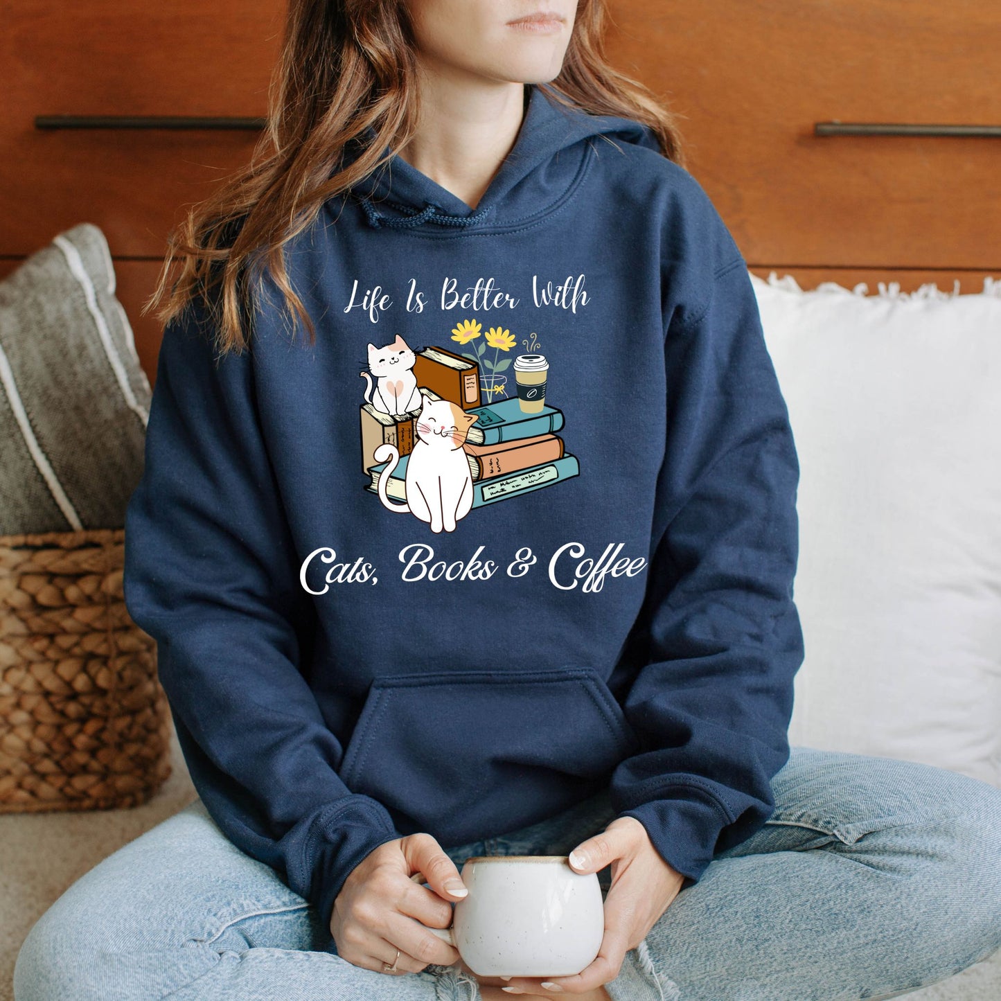 Cats Books And Coffee Hoodie Bookish Sweatshirt Bookworm Gift Reading Hoodie Bibliophile Gift Librarian Sweatshirt