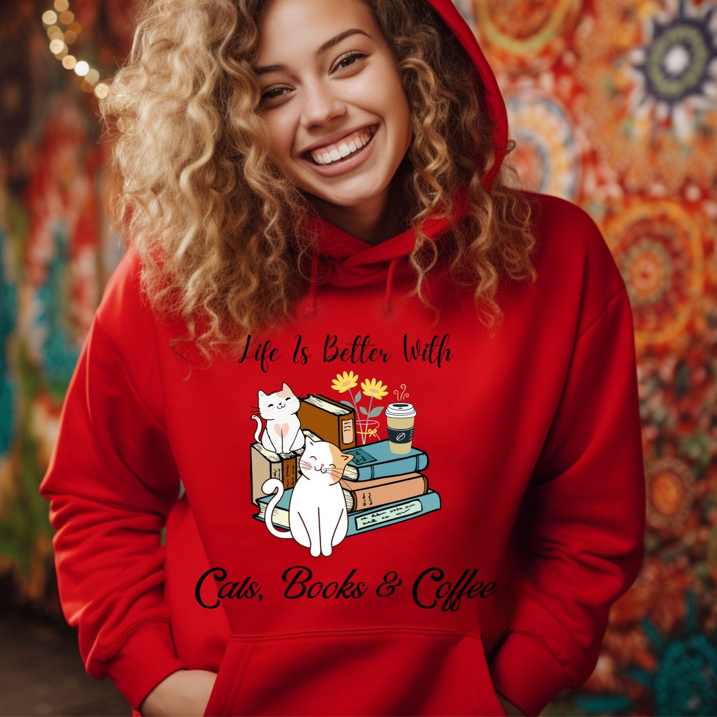 Cats Books And Coffee Hoodie Bookish Sweatshirt Bookworm Gift Reading Hoodie Bibliophile Gift Librarian Sweatshirt