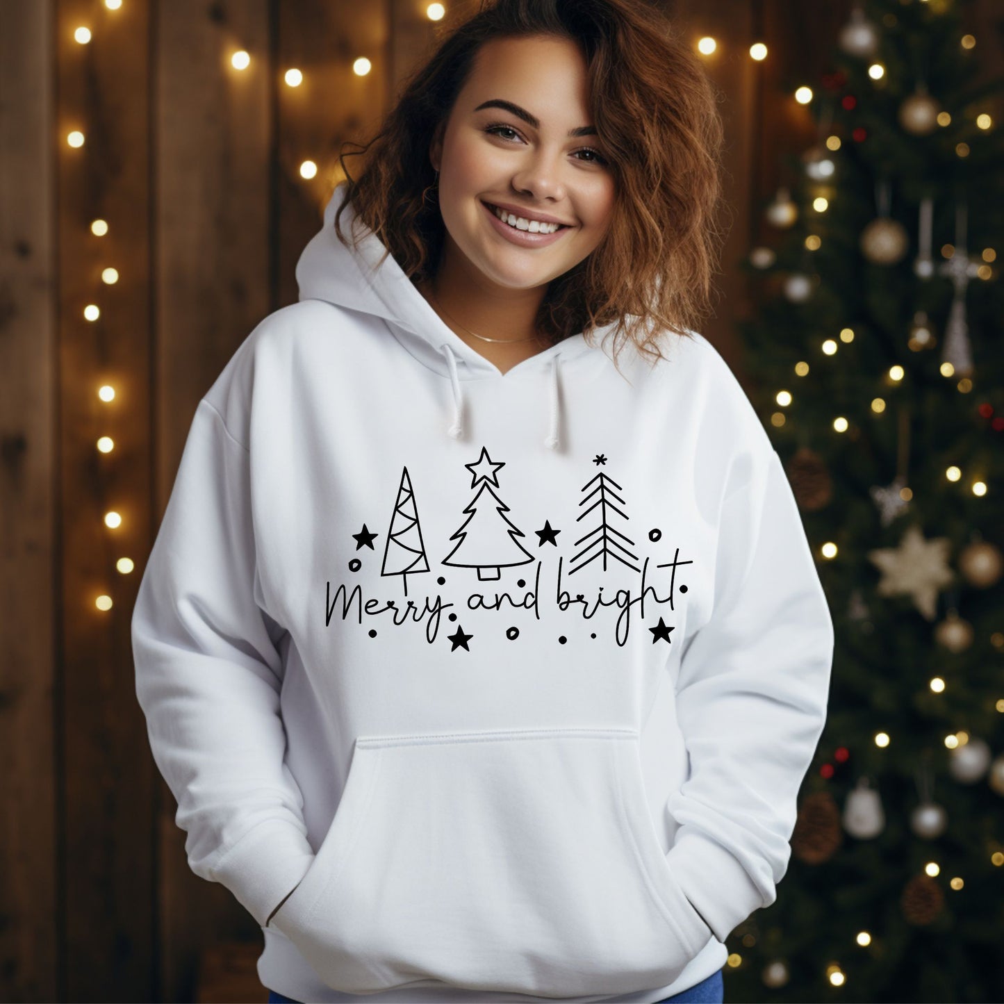 Christmas Tree Line Drawing Hoodie Merry and Bright Sweatshirt Christmas Shirt Festive Holiday Hoodie