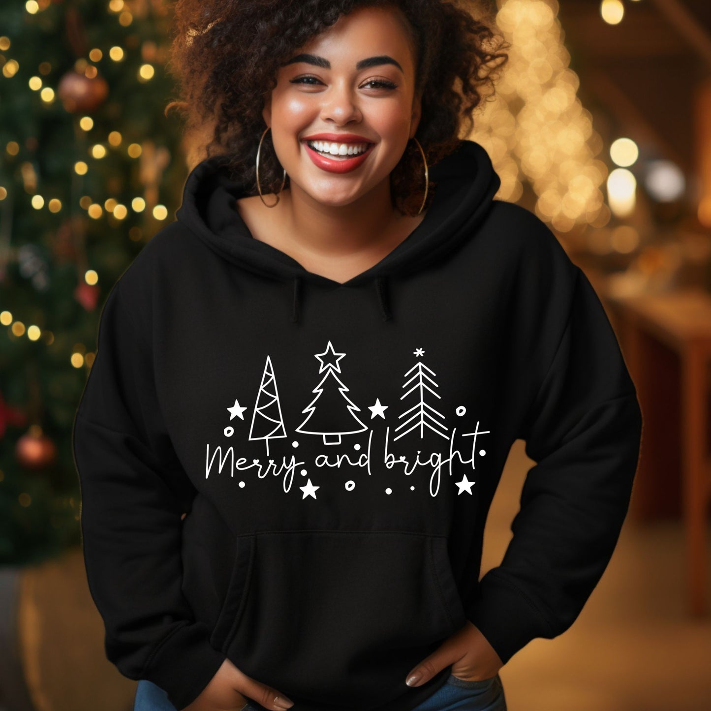 Christmas Tree Line Drawing Hoodie Merry and Bright Sweatshirt Christmas Shirt Festive Holiday Hoodie