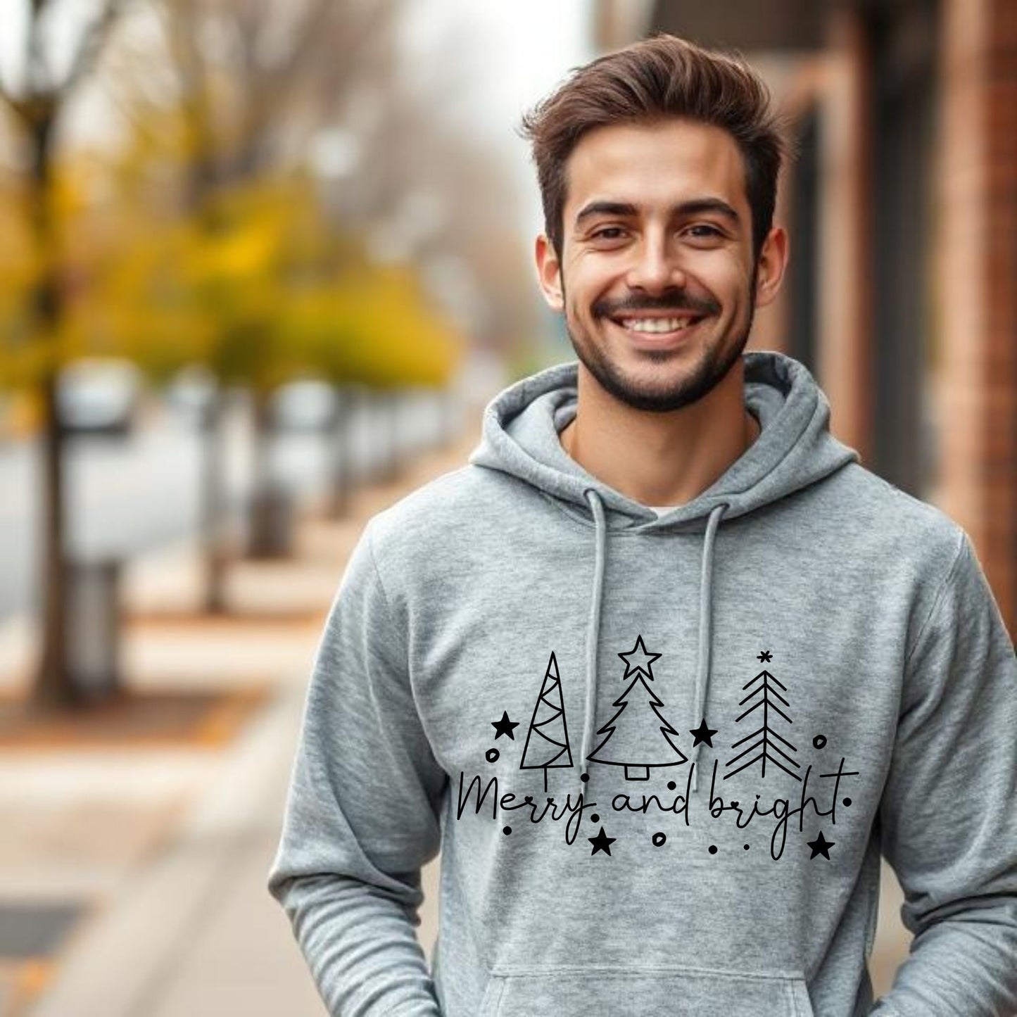 Christmas Tree Line Drawing Hoodie Merry and Bright Sweatshirt Christmas Shirt Festive Holiday Hoodie