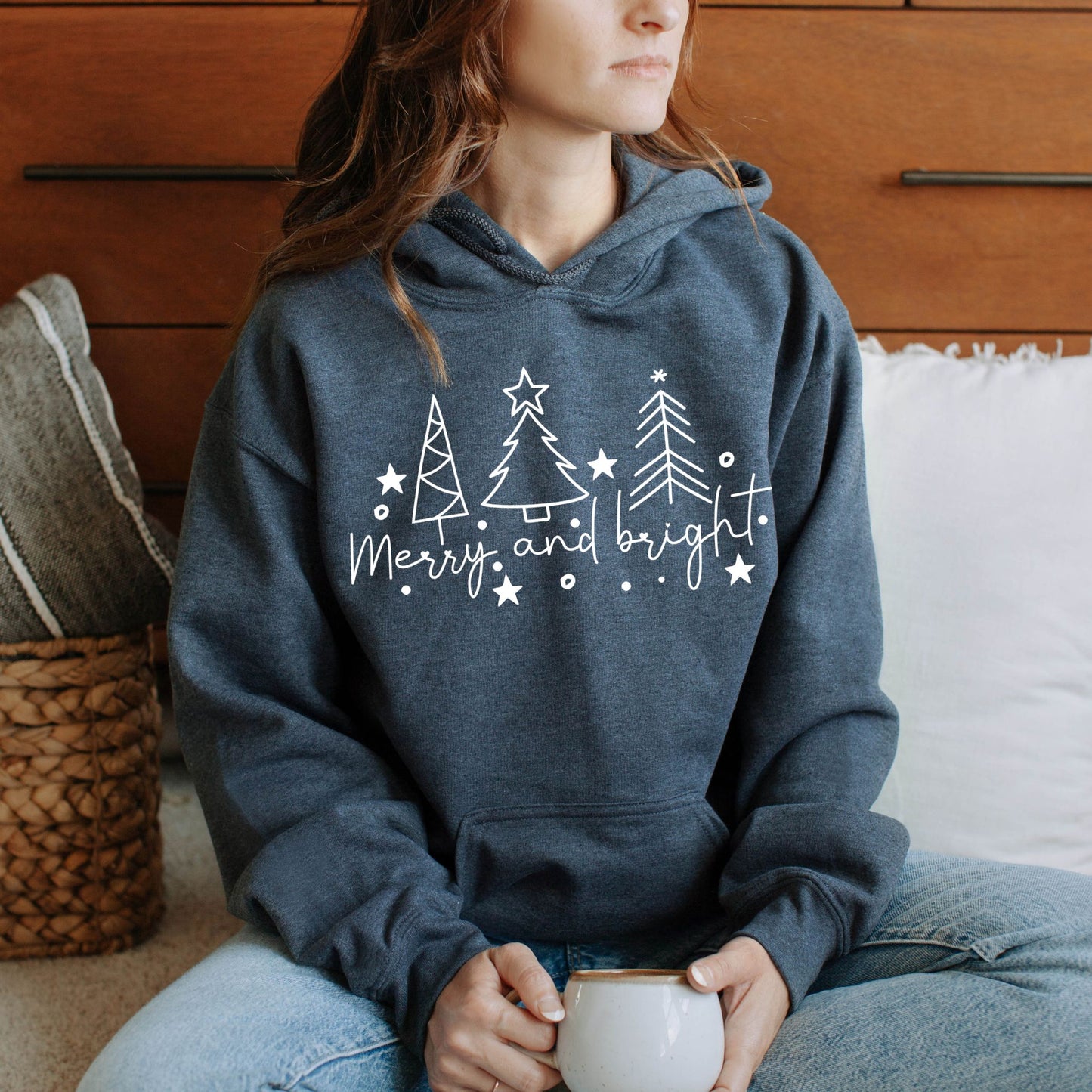 Christmas Tree Line Drawing Hoodie Merry and Bright Sweatshirt Christmas Shirt Festive Holiday Hoodie