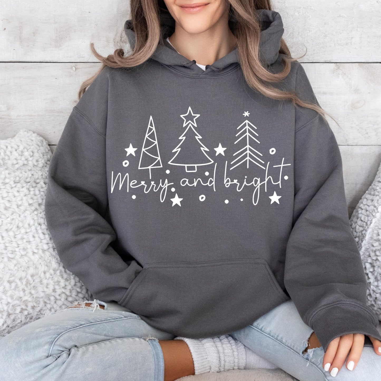 Christmas Tree Line Drawing Hoodie Merry and Bright Sweatshirt Christmas Shirt Festive Holiday Hoodie