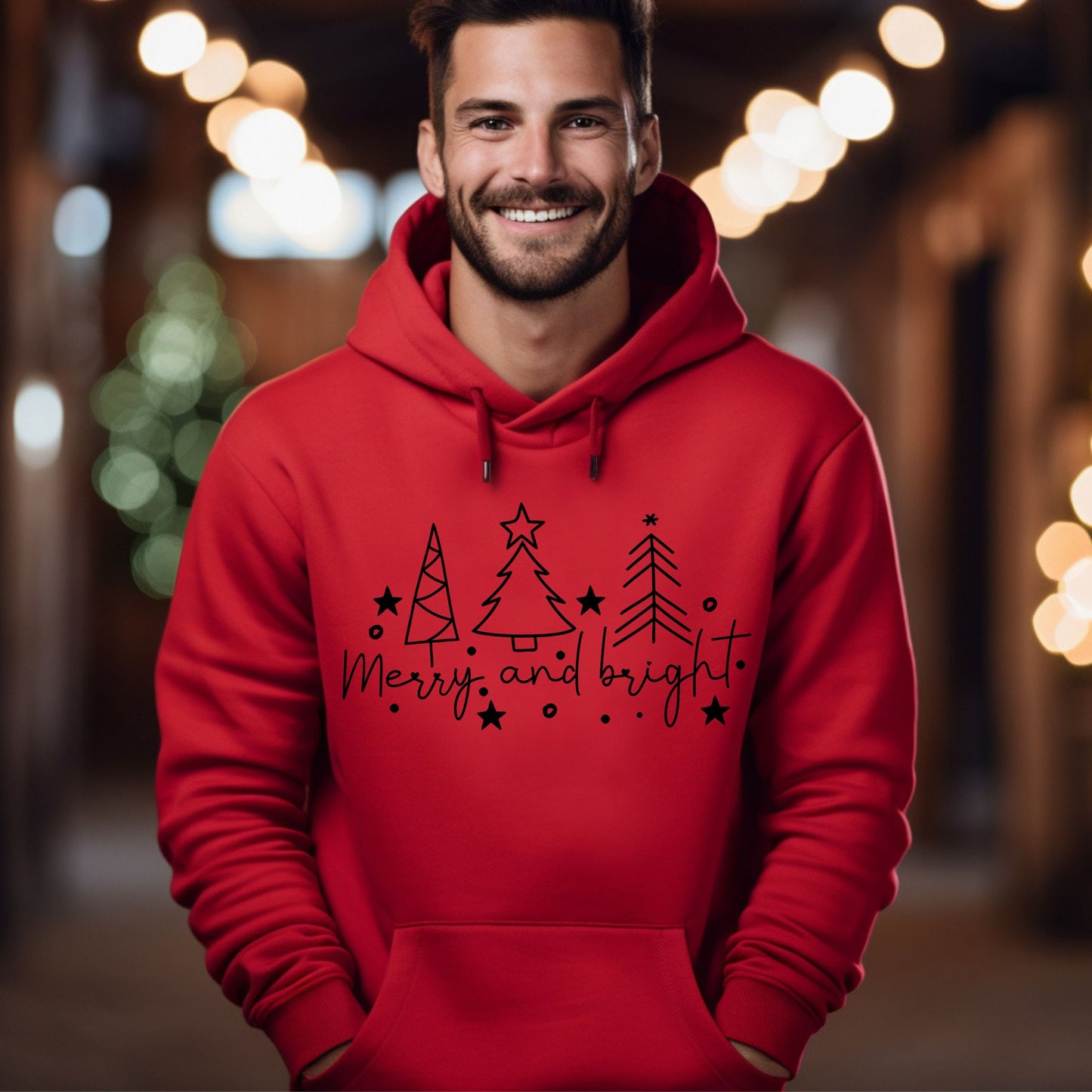 Christmas Tree Line Drawing Hoodie Merry and Bright Sweatshirt Christmas Shirt Festive Holiday Hoodie